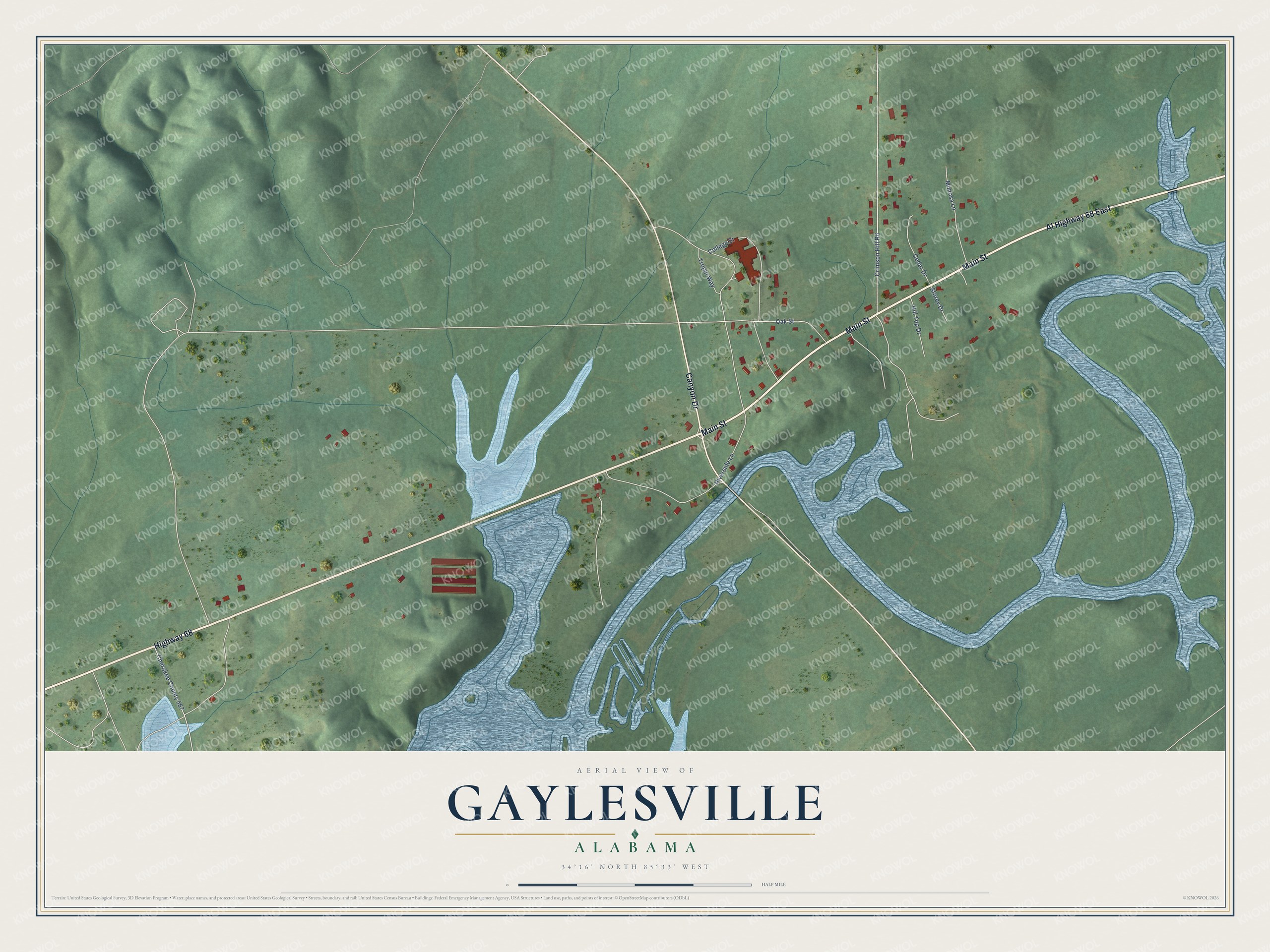 Full map of Gaylesville, Alabama, with red buildings, printed street names and the land around them