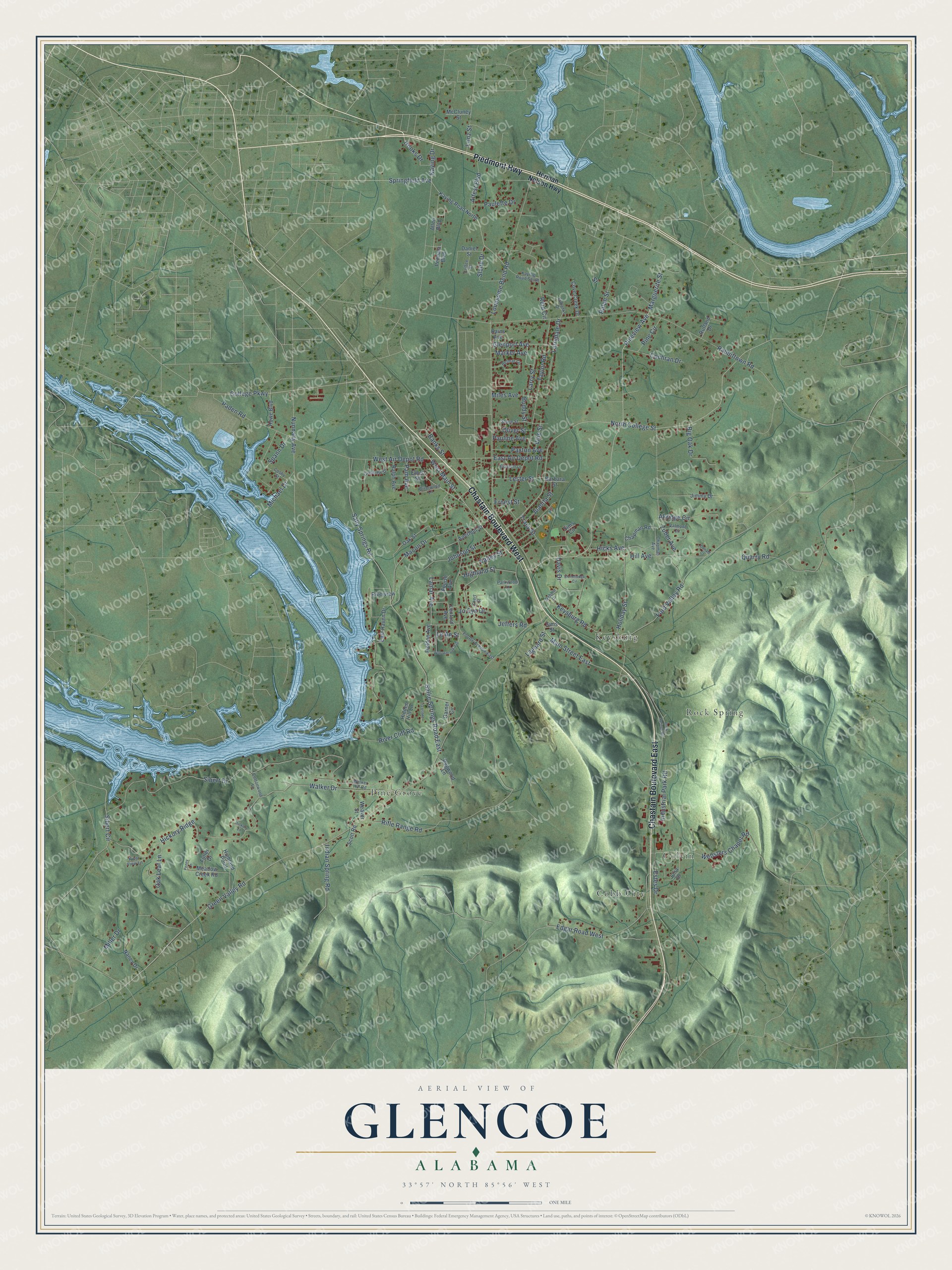 Watermarked full-map preview of Glencoe, Alabama