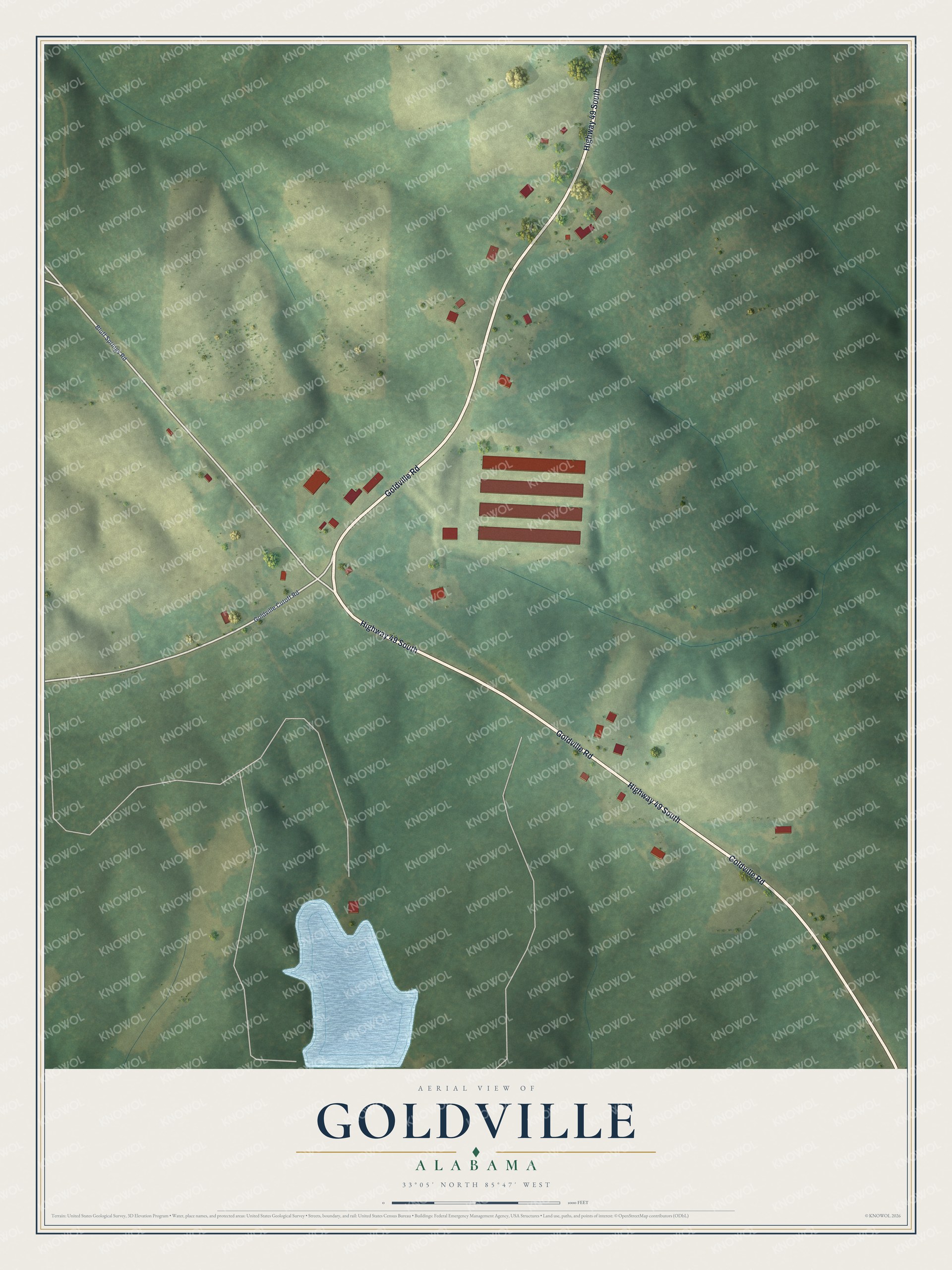 Full map of Goldville, Alabama, with red buildings, printed street names and the land around them