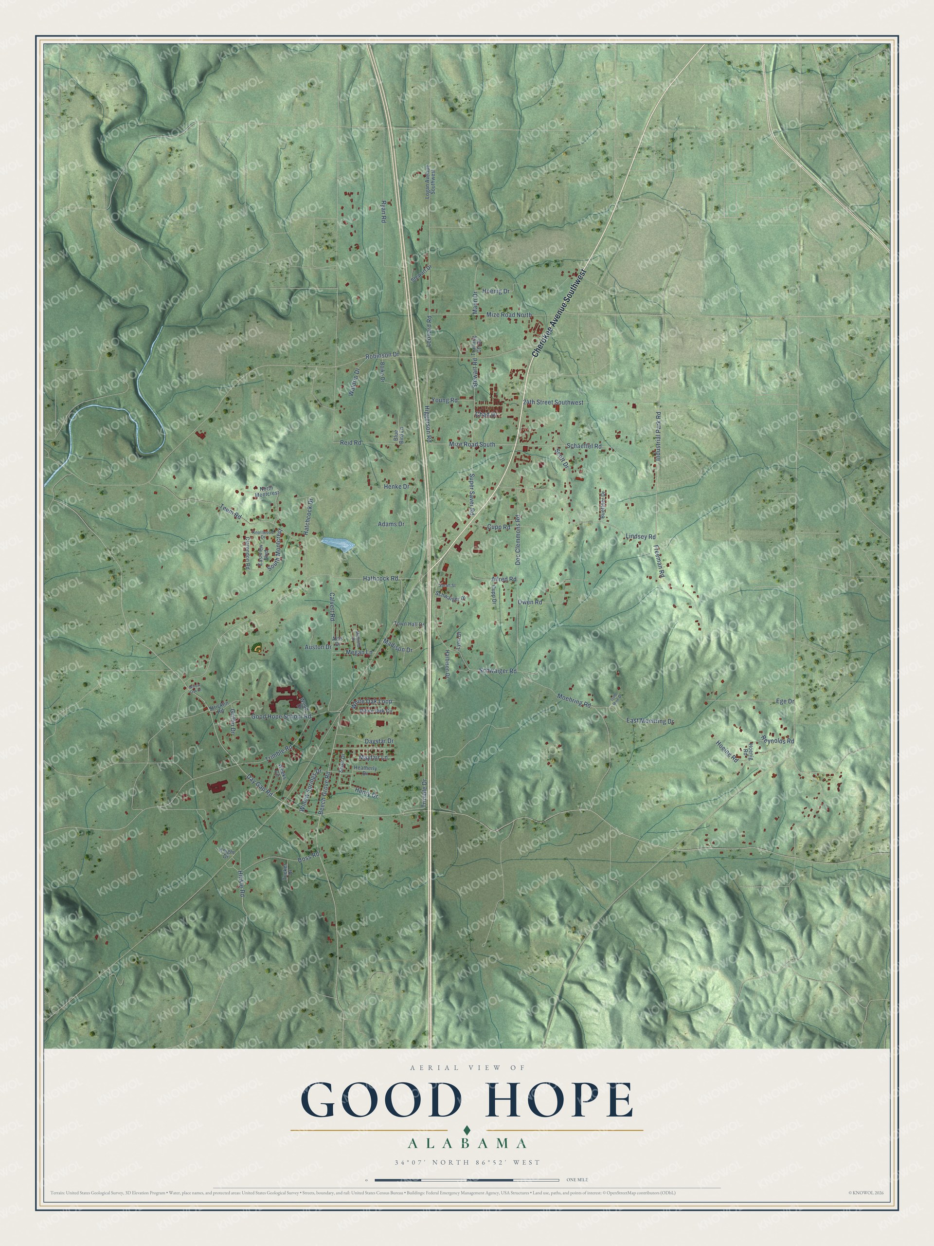 Full map of Good Hope, Alabama, with red buildings, printed street names and the land around them