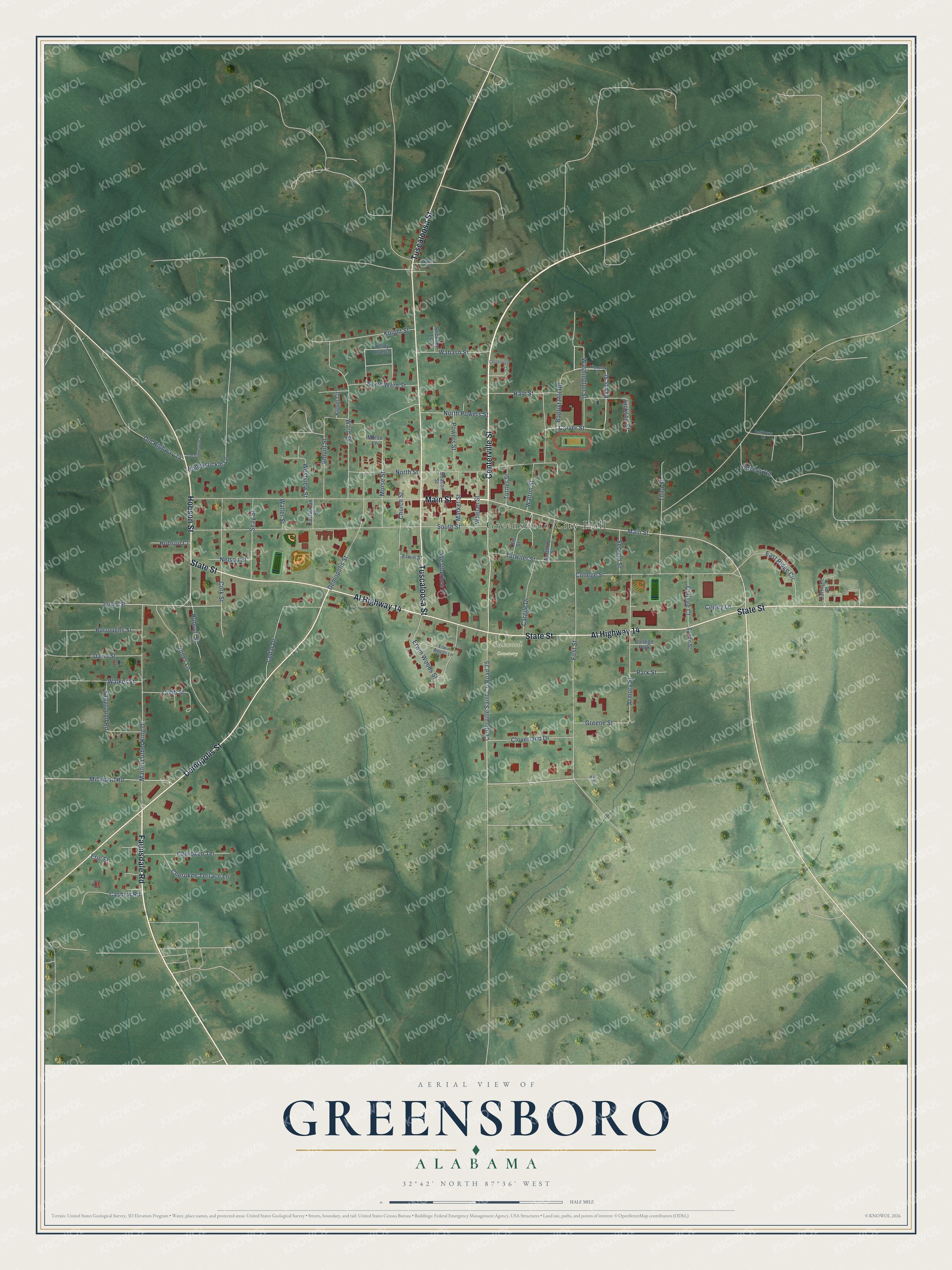 Full map of Greensboro, Alabama, with red buildings, printed street names and the land around them