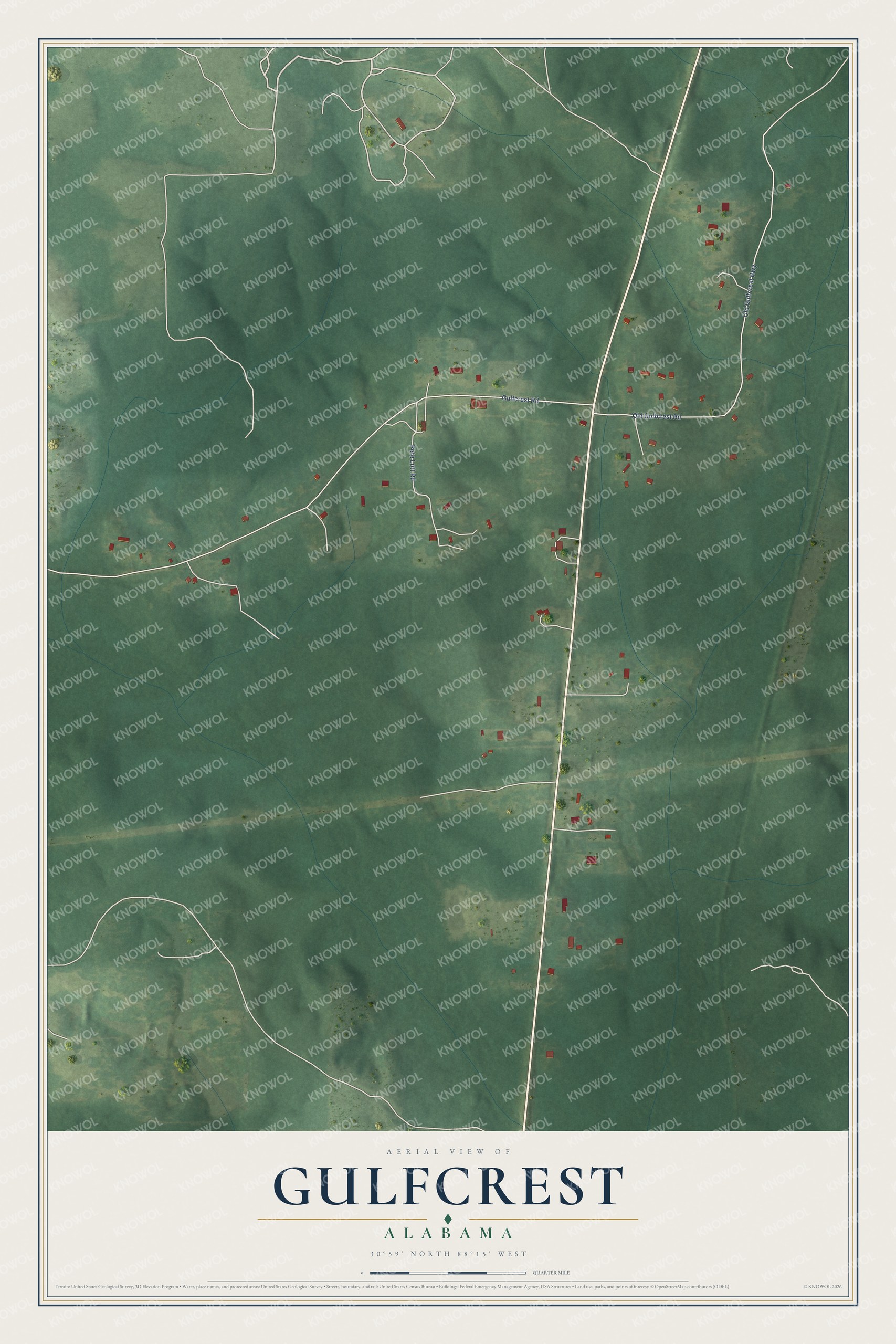 Full map of Gulfcrest, Alabama, with red buildings, printed street names and the land around them