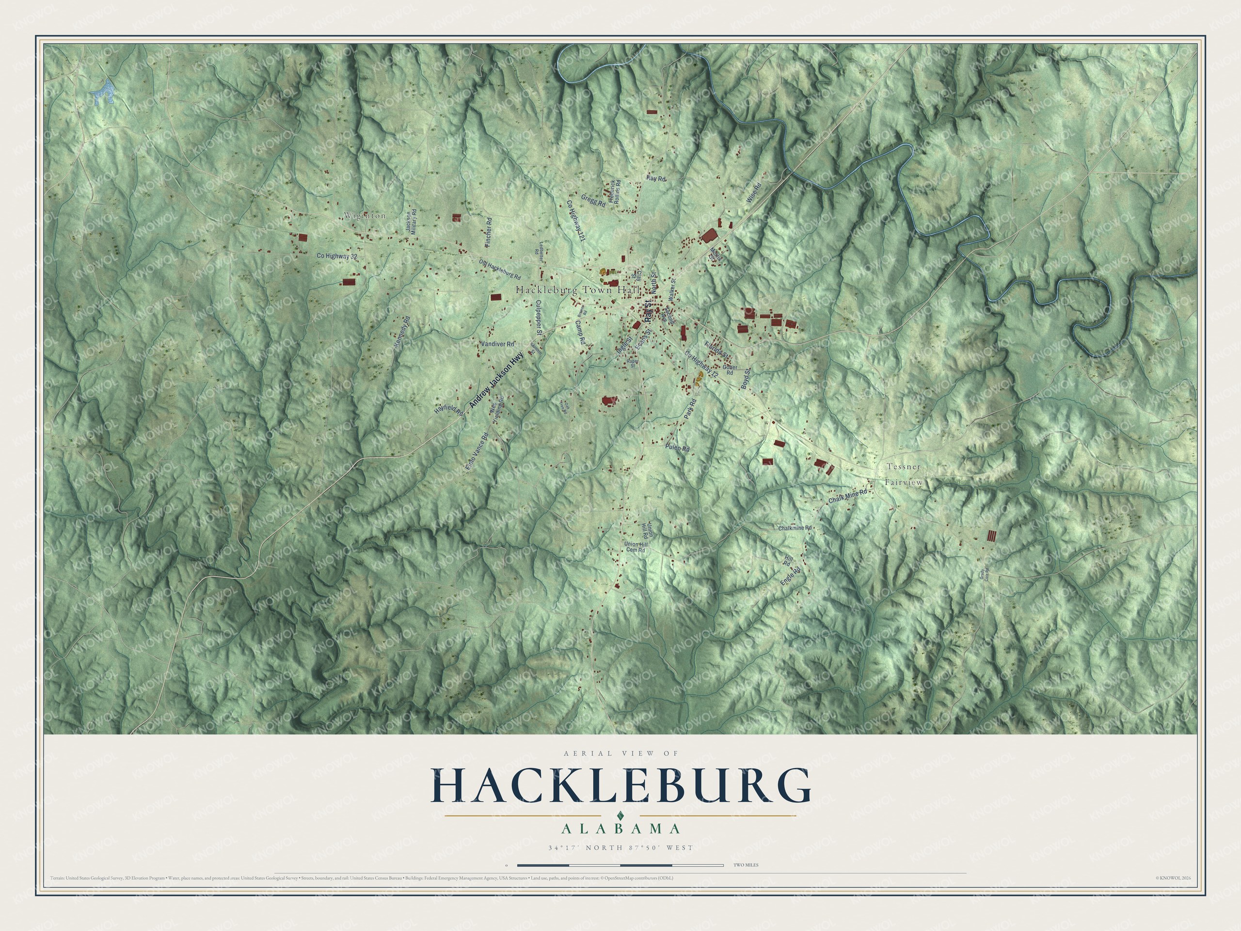 Full map of Hackleburg, Alabama, with red buildings, printed street names and the land around them