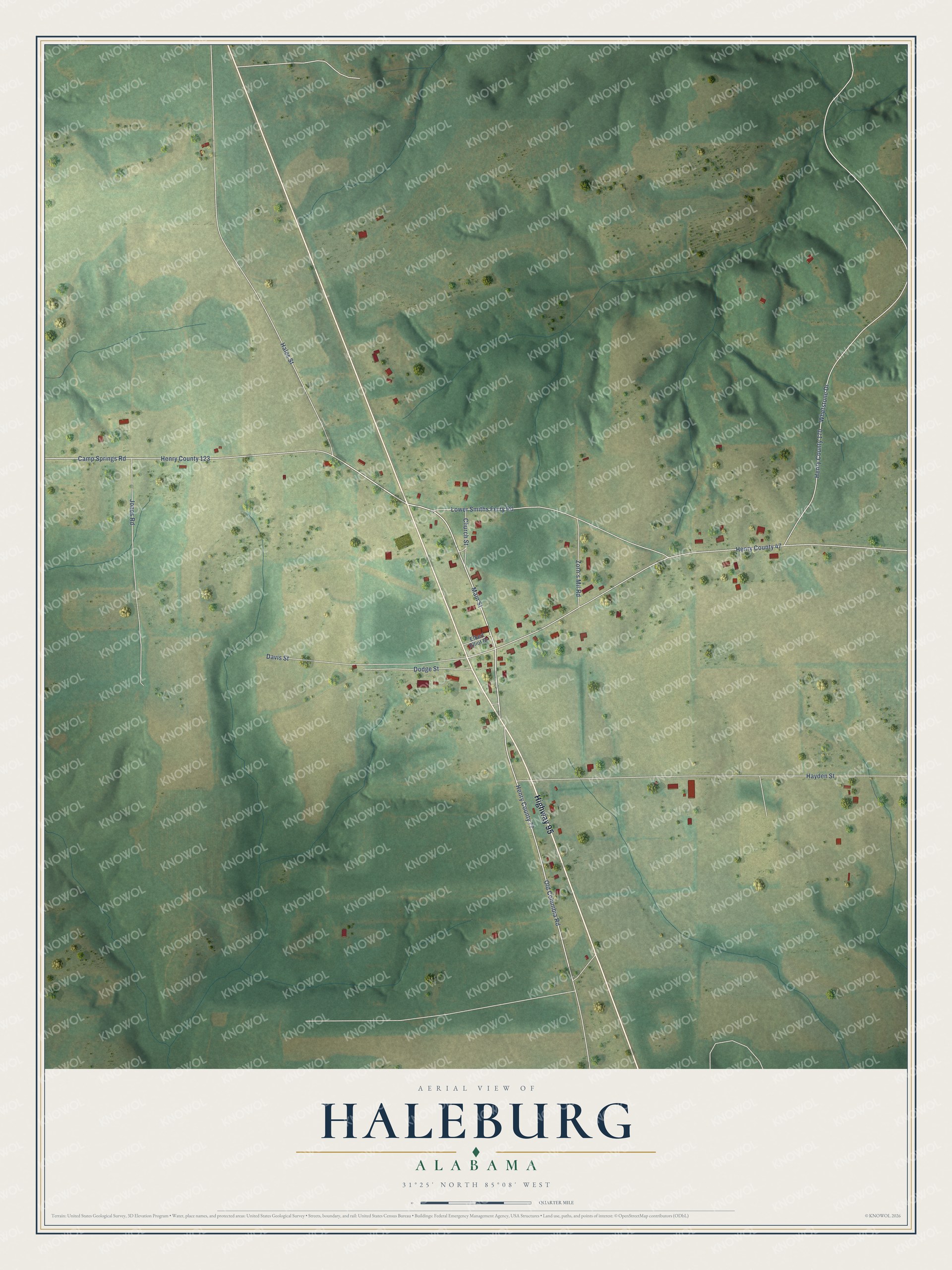Full map of Haleburg, Alabama, with red buildings, printed street names and the land around them
