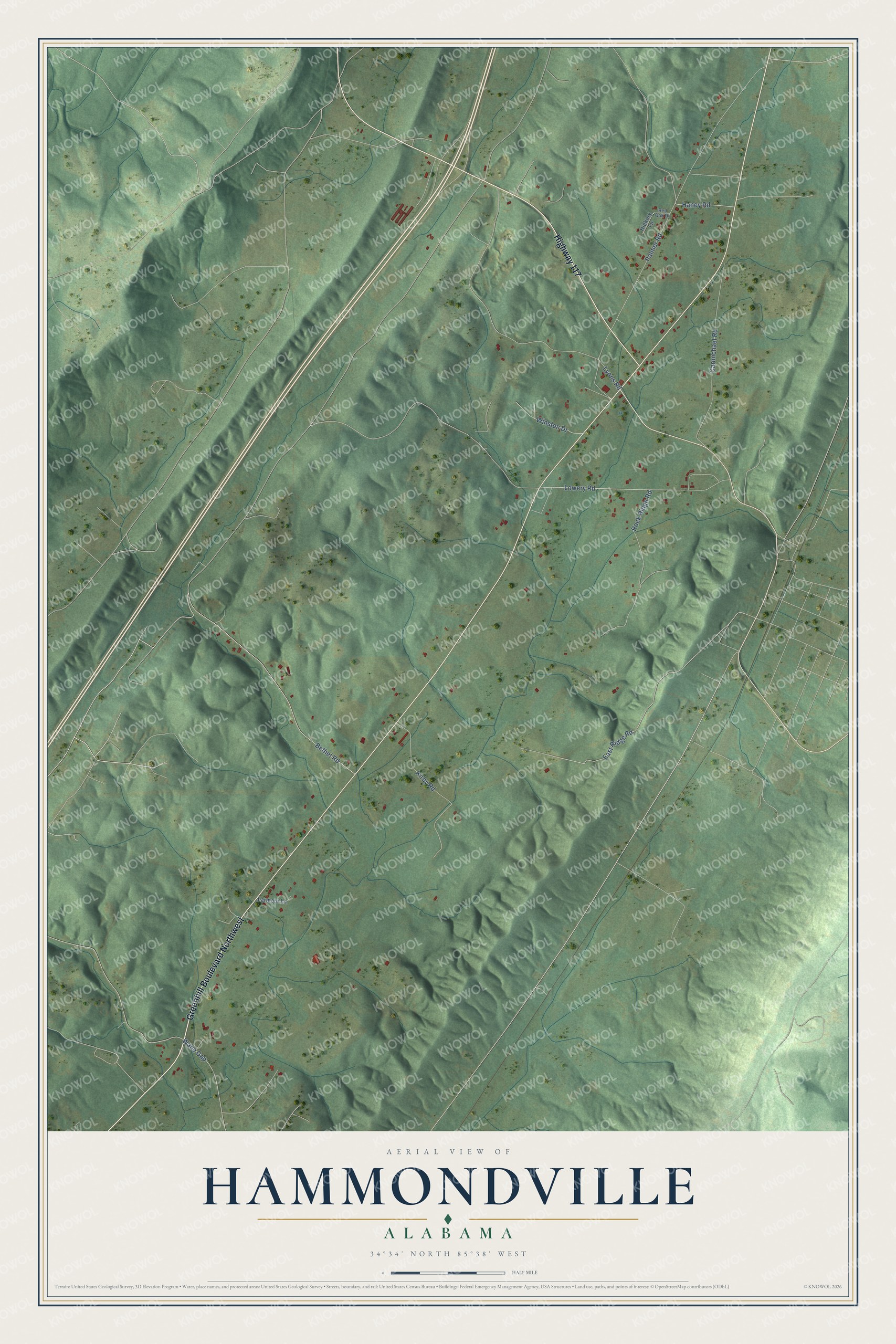 Full map of Hammondville, Alabama, with red buildings, printed street names and the land around them