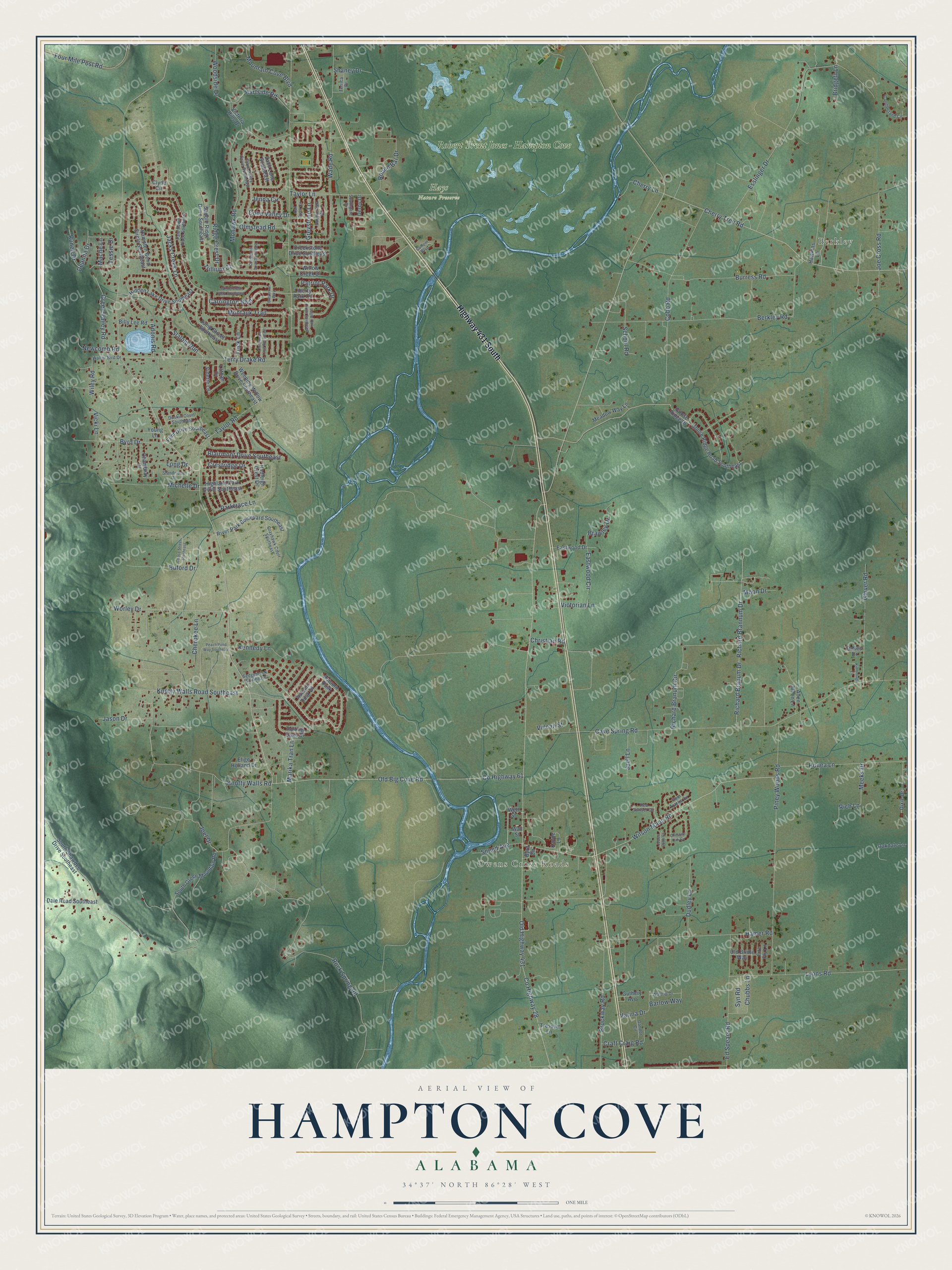 Full map of Hampton Cove, Alabama, with red buildings, printed street names and the land around them