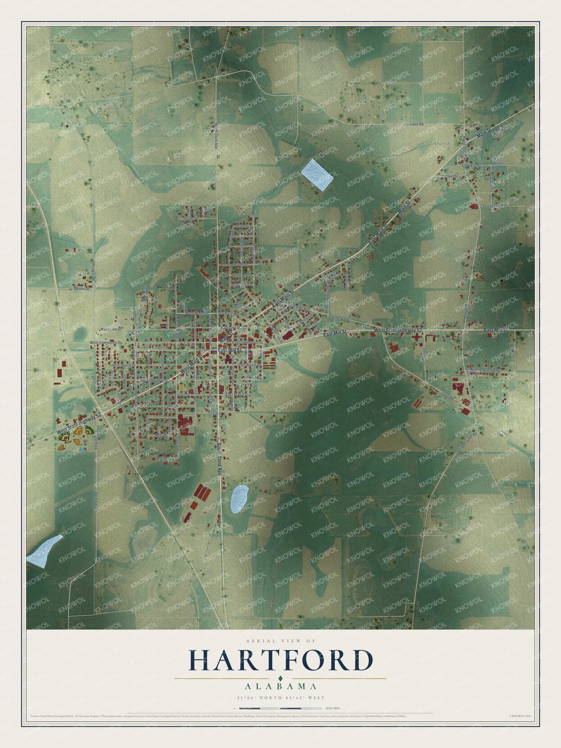 Full map of Hartford, Alabama, with red buildings, printed street names and the land around them