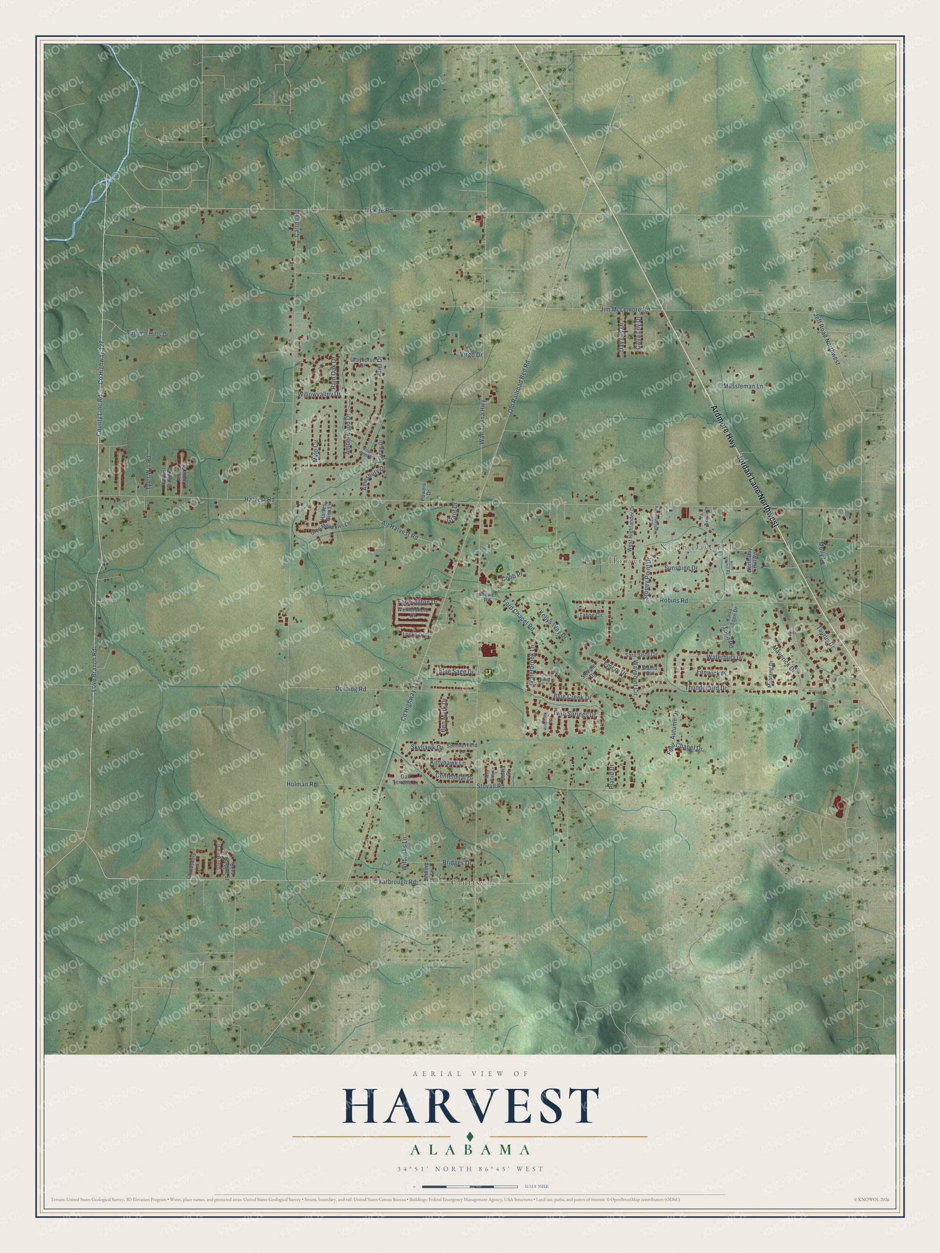 Full map of Harvest, Alabama, with red buildings, printed street names and the land around them