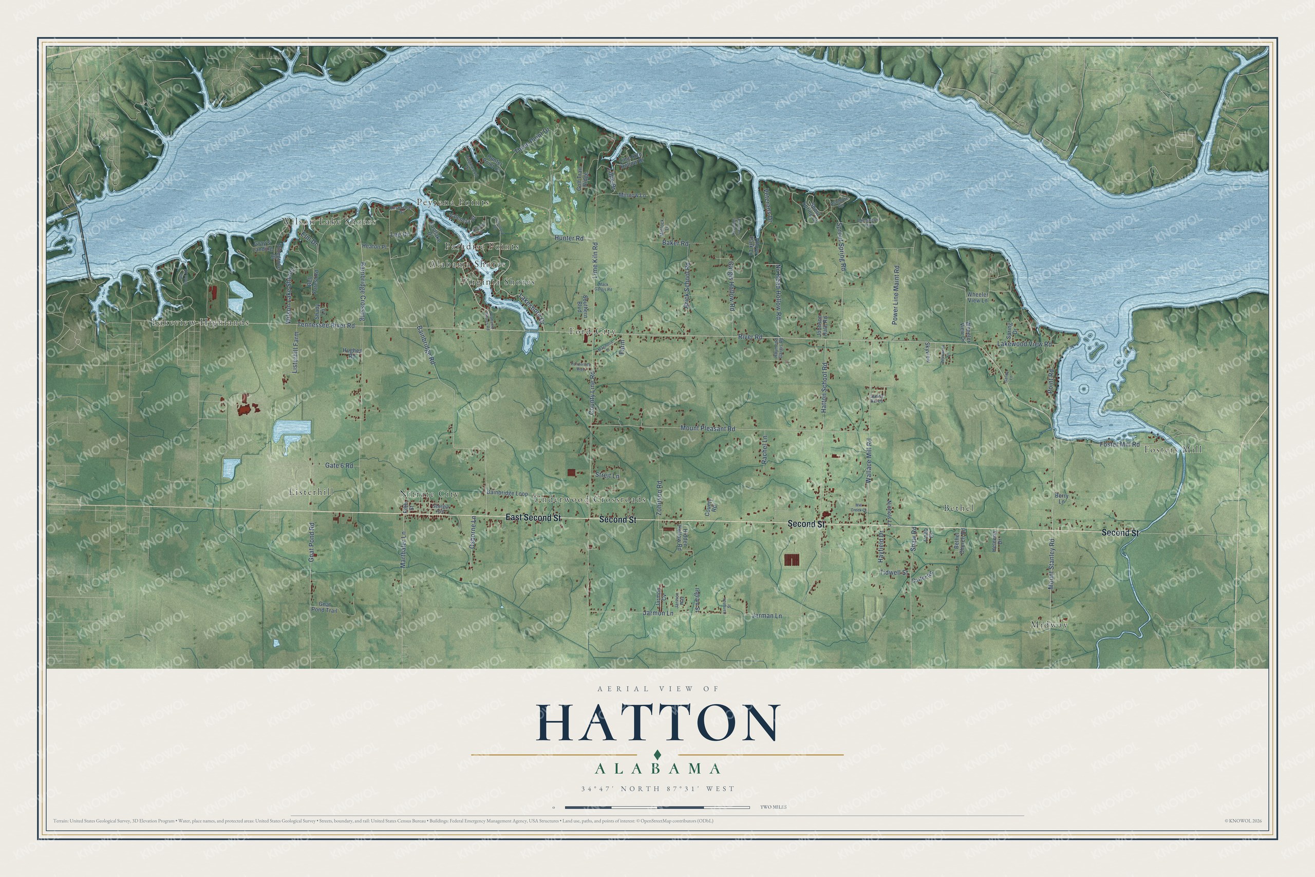 Full map of Hatton, Alabama, with red buildings, printed street names and the land around them