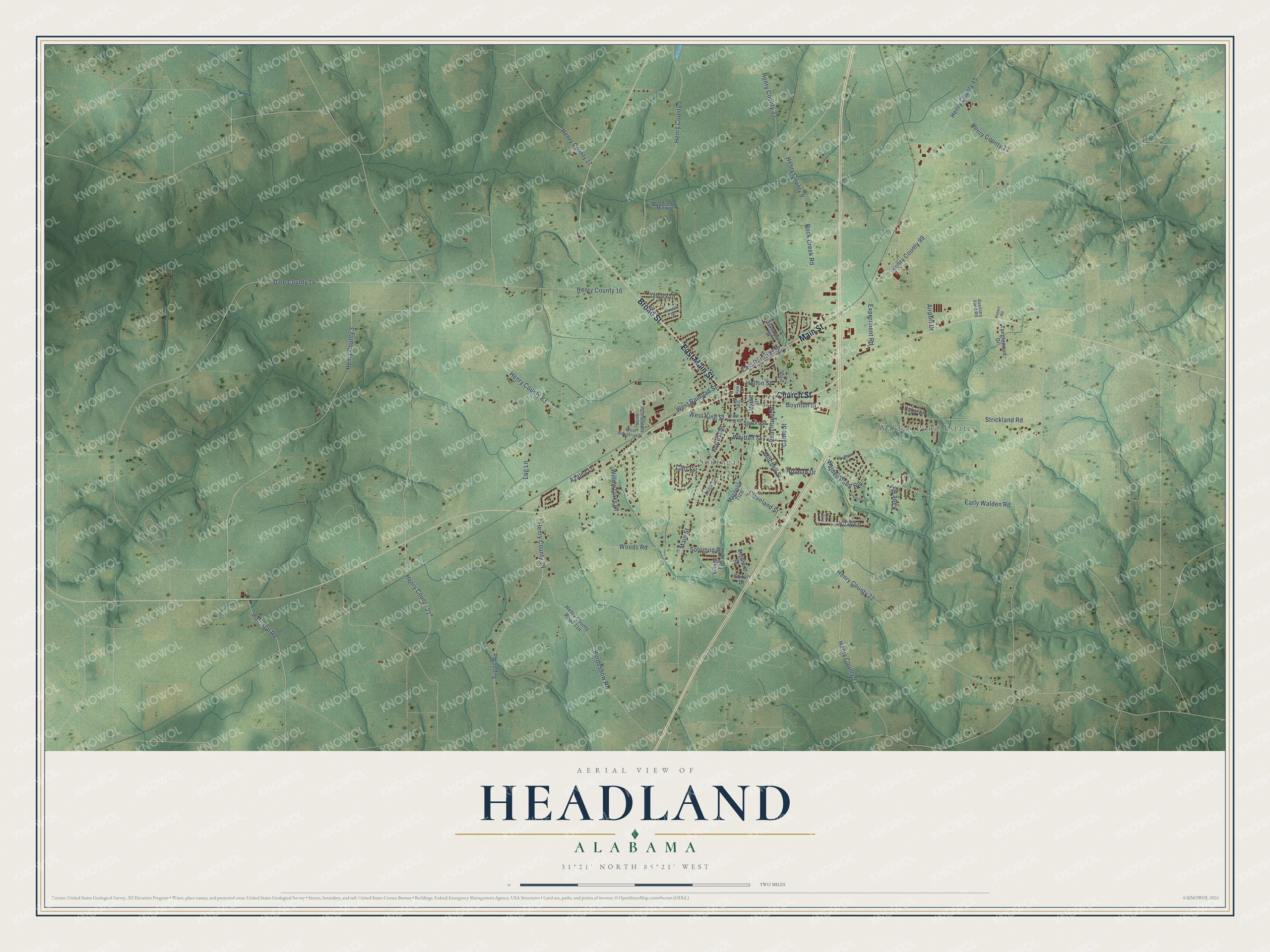 Full map of Headland, Alabama, with red buildings, printed street names and the land around them