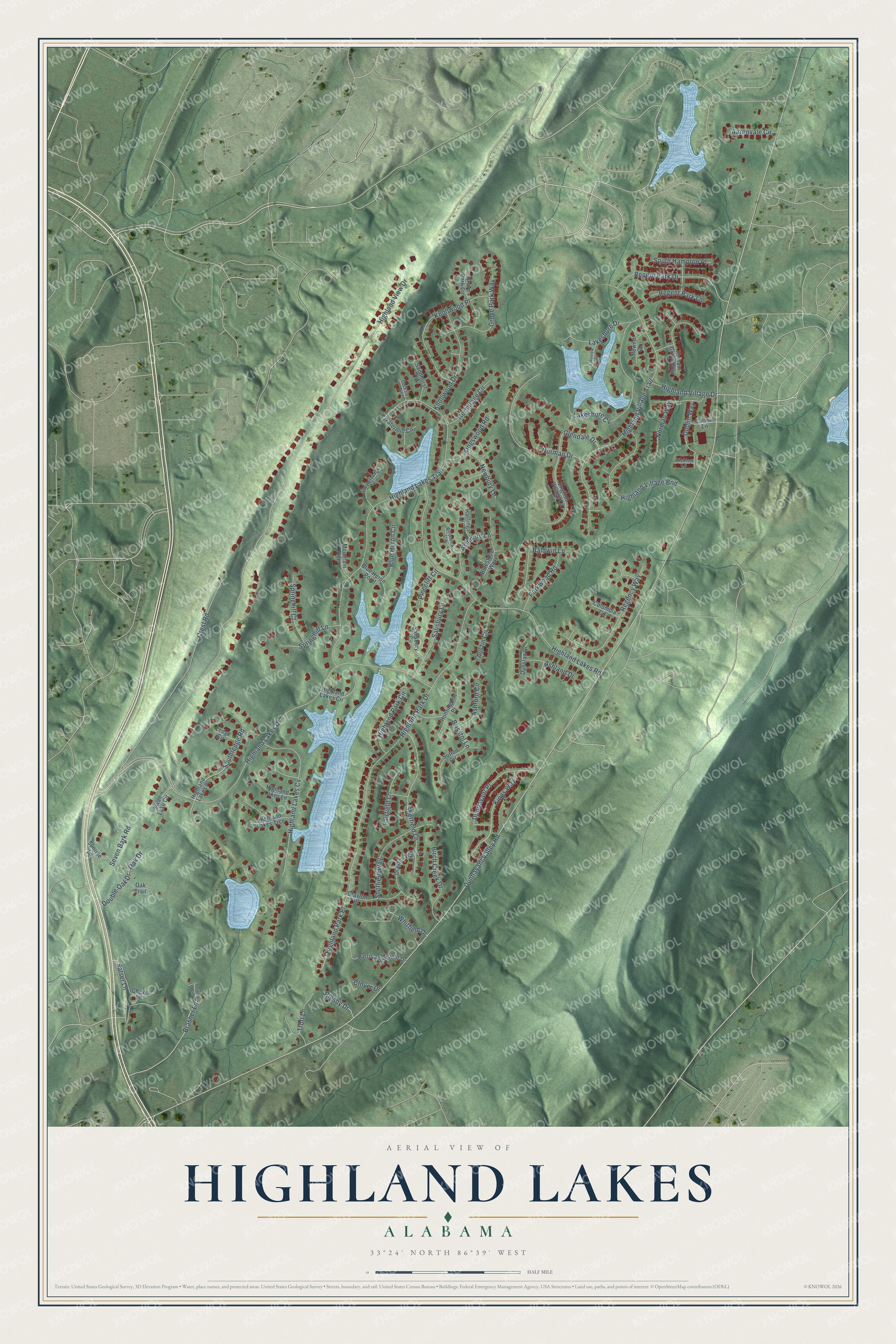 Full map of Highland Lakes, Alabama, with red buildings, printed street names and the land around them