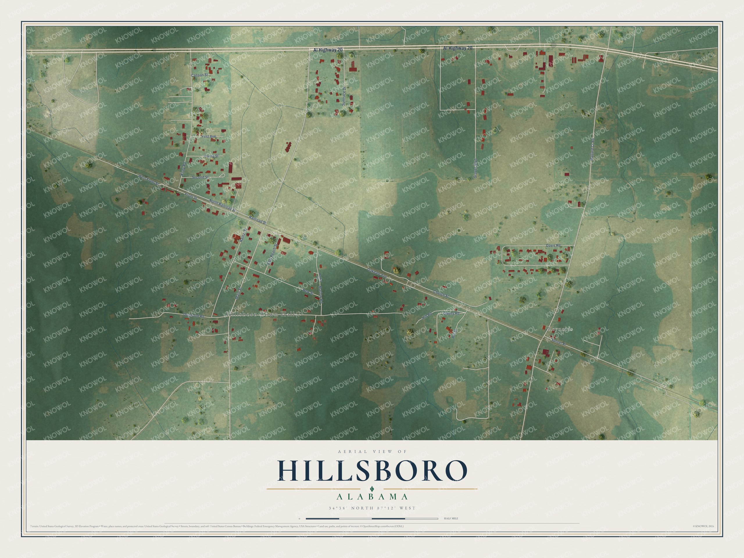 Full map of Hillsboro, Alabama, with red buildings, printed street names and the land around them