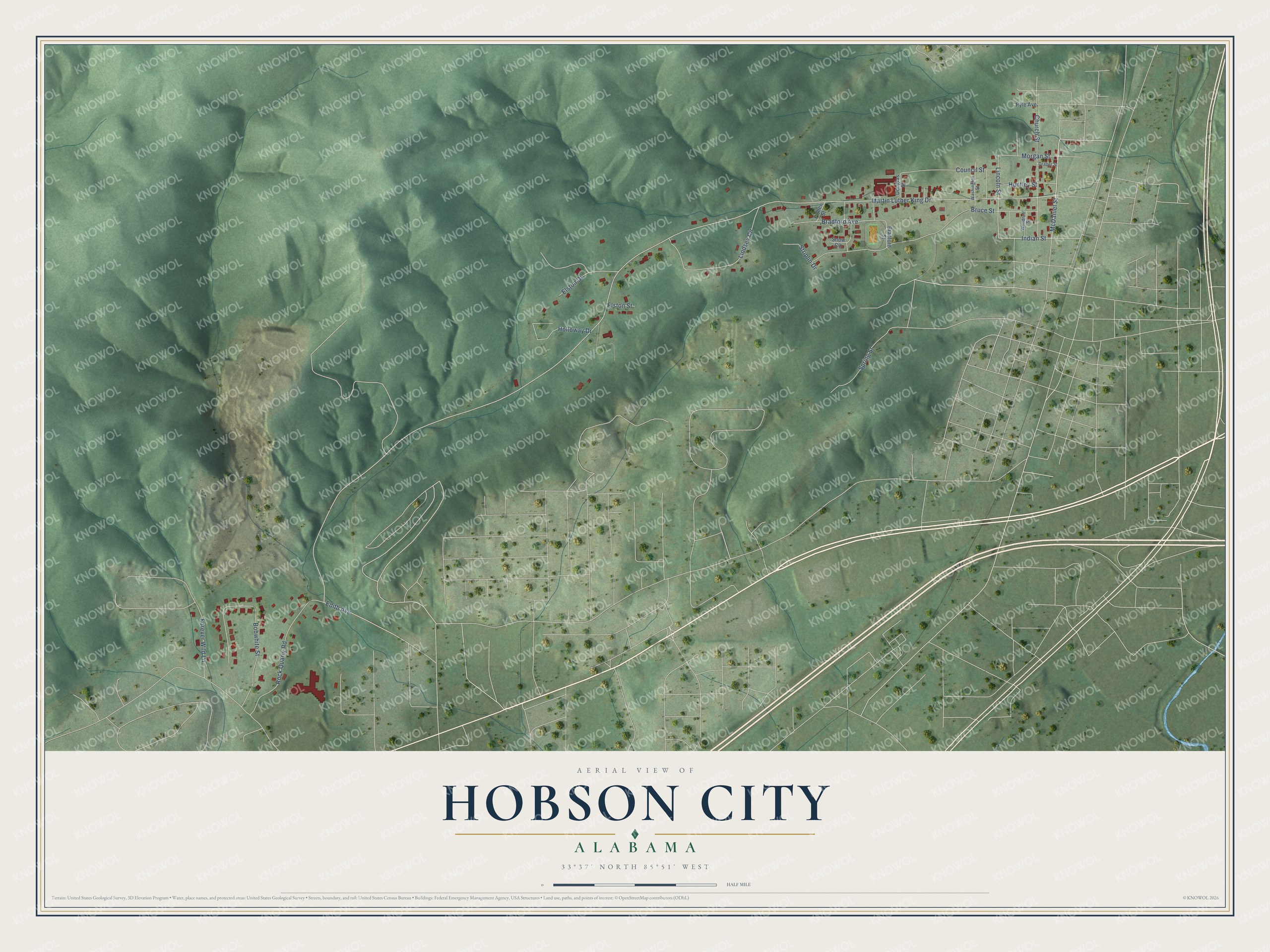 Full map of Hobson City, Alabama, with red buildings, printed street names and the land around them