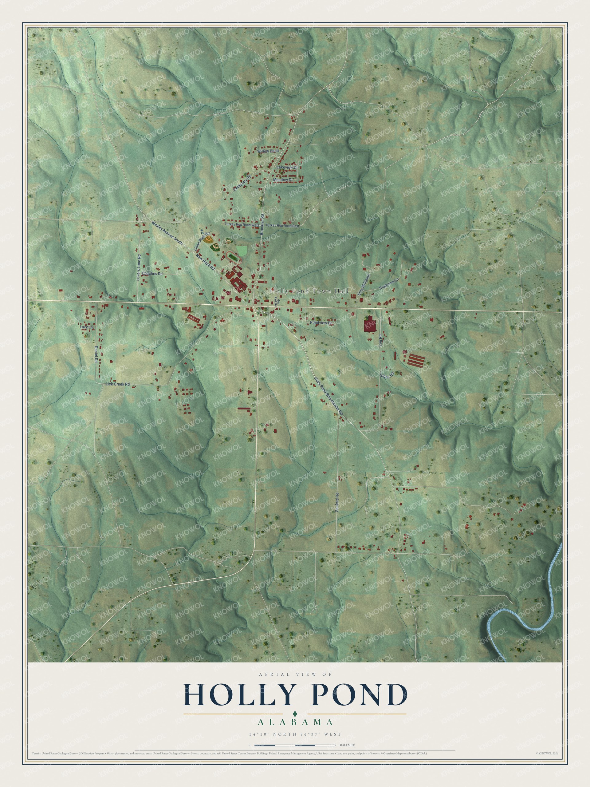 Full map of Holly Pond, Alabama, with red buildings, printed street names and the land around them