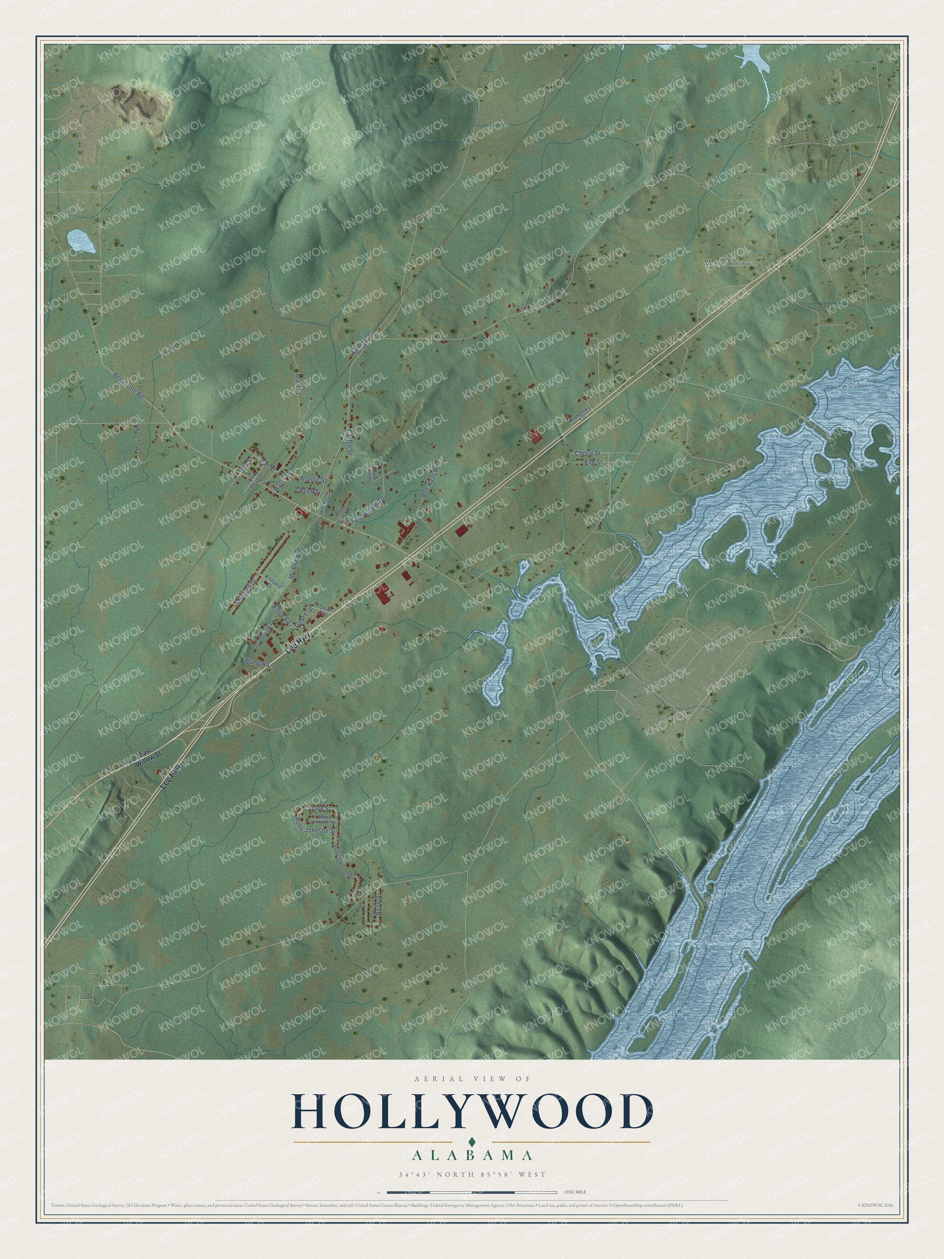 Watermarked full-map preview of Hollywood, Alabama