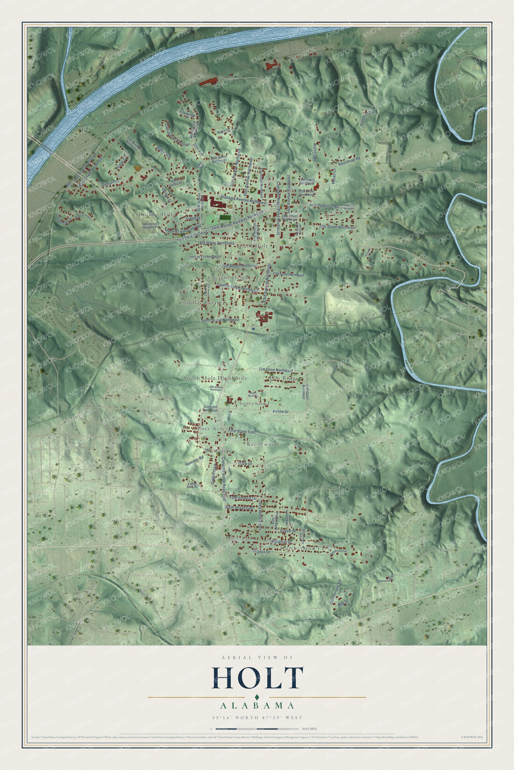 Full map of Holt, Alabama, with red buildings, printed street names and the land around them
