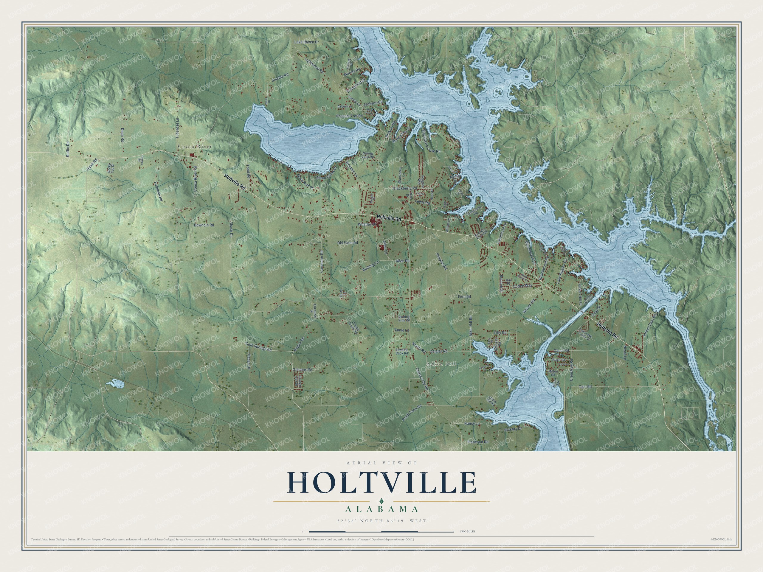 Full map of Holtville, Alabama, with red buildings, printed street names and the land around them