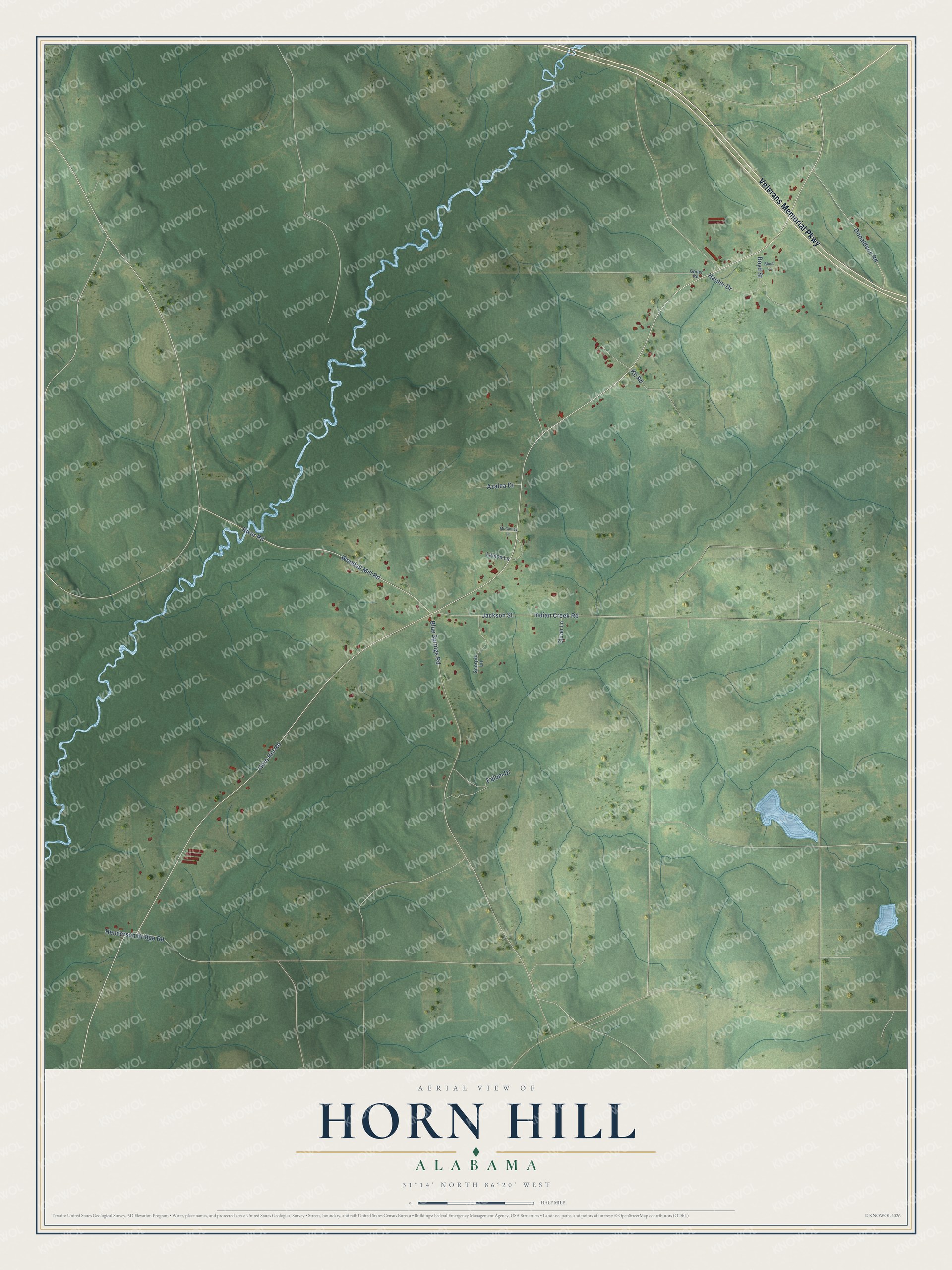Full map of Horn Hill, Alabama, with red buildings, printed street names and the land around them