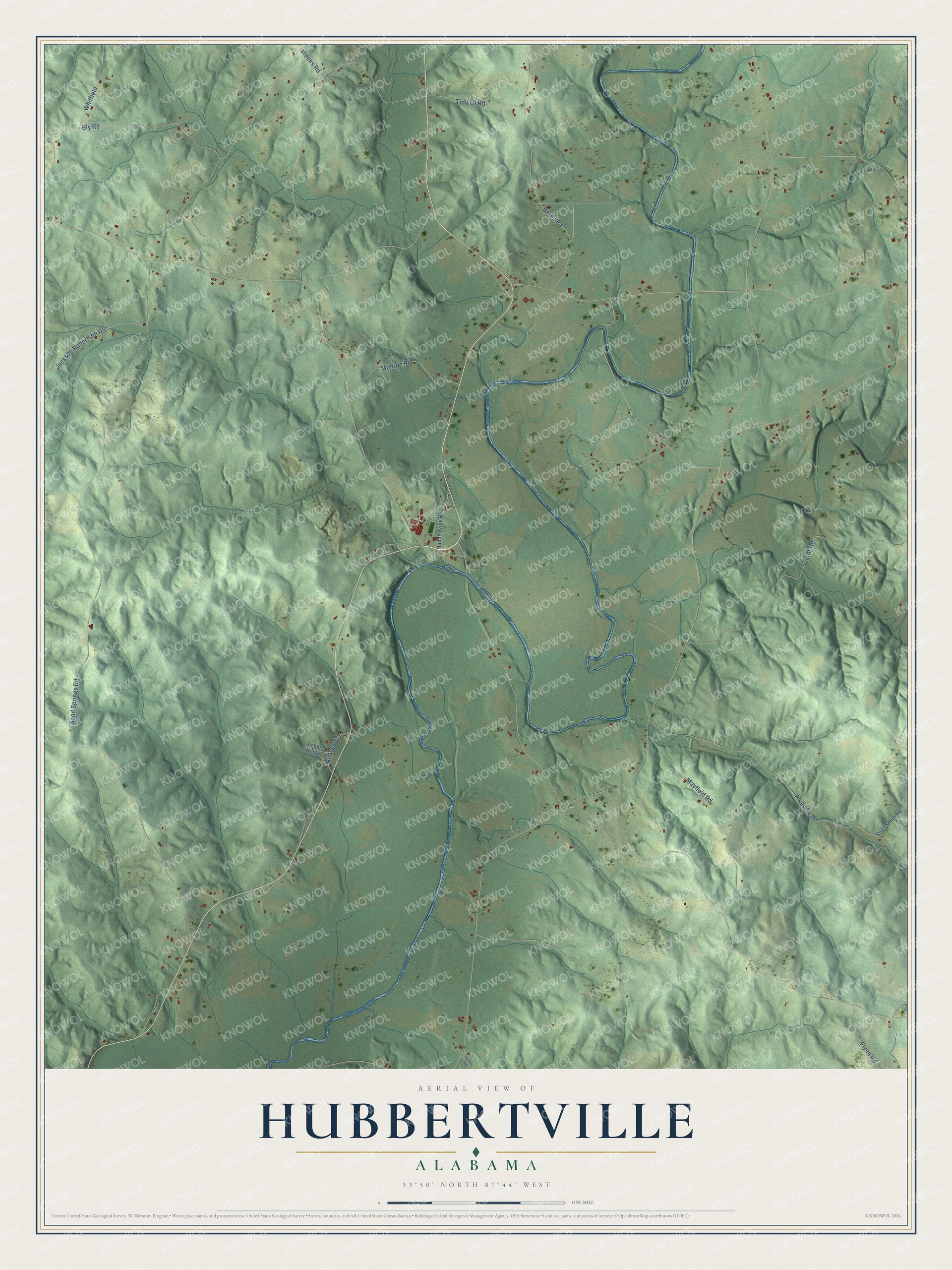 Full map of Hubbertville, Alabama, with red buildings, printed street names and the land around them