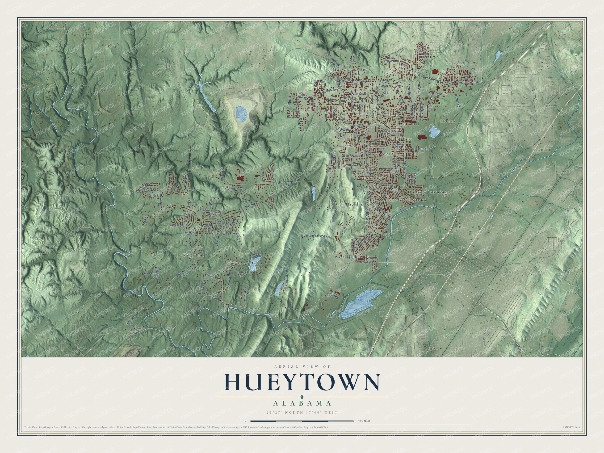 Full map of Hueytown, Alabama, with red buildings, printed street names and the land around them