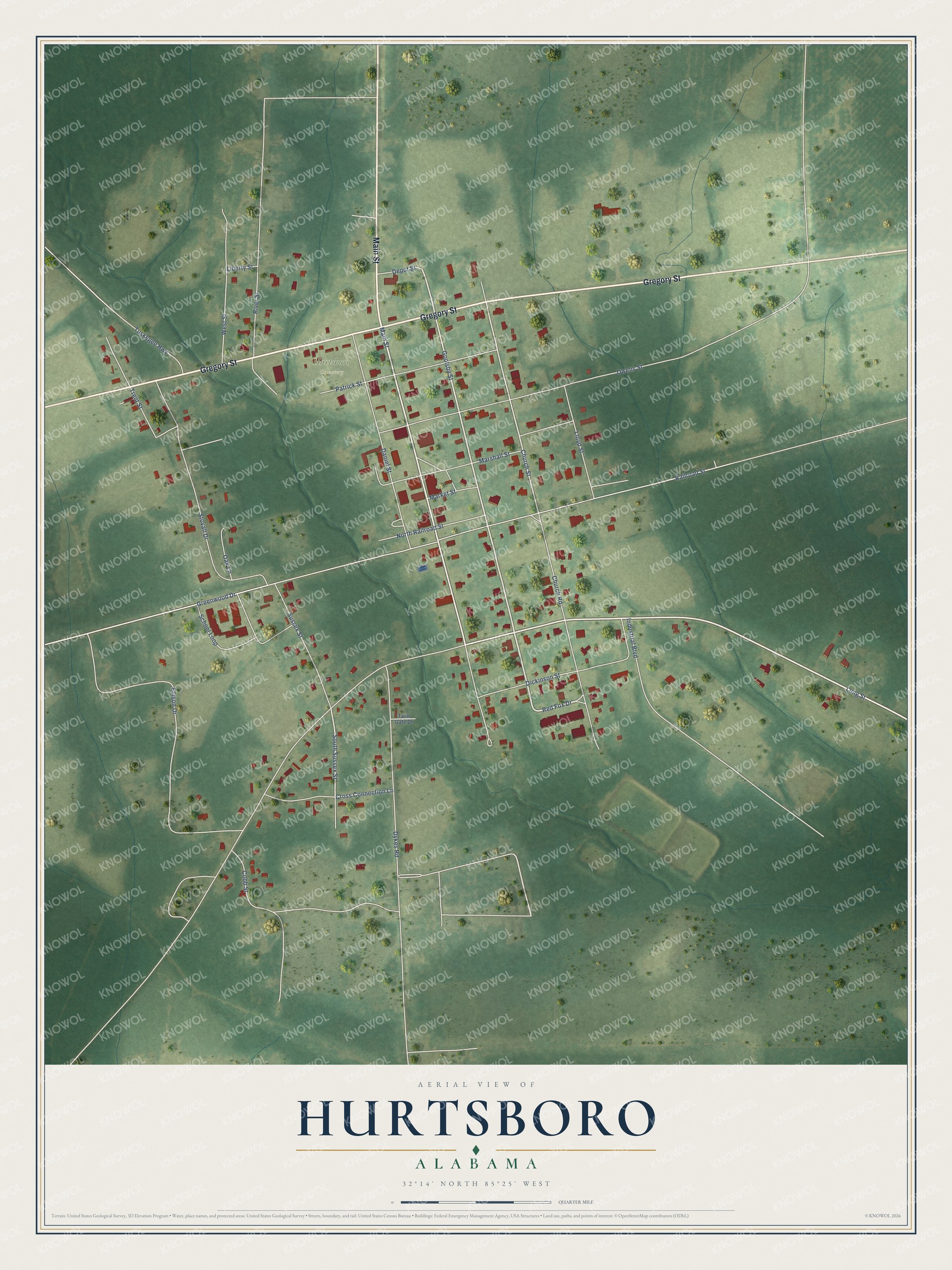 Full map of Hurtsboro, Alabama, with red buildings, printed street names and the land around them