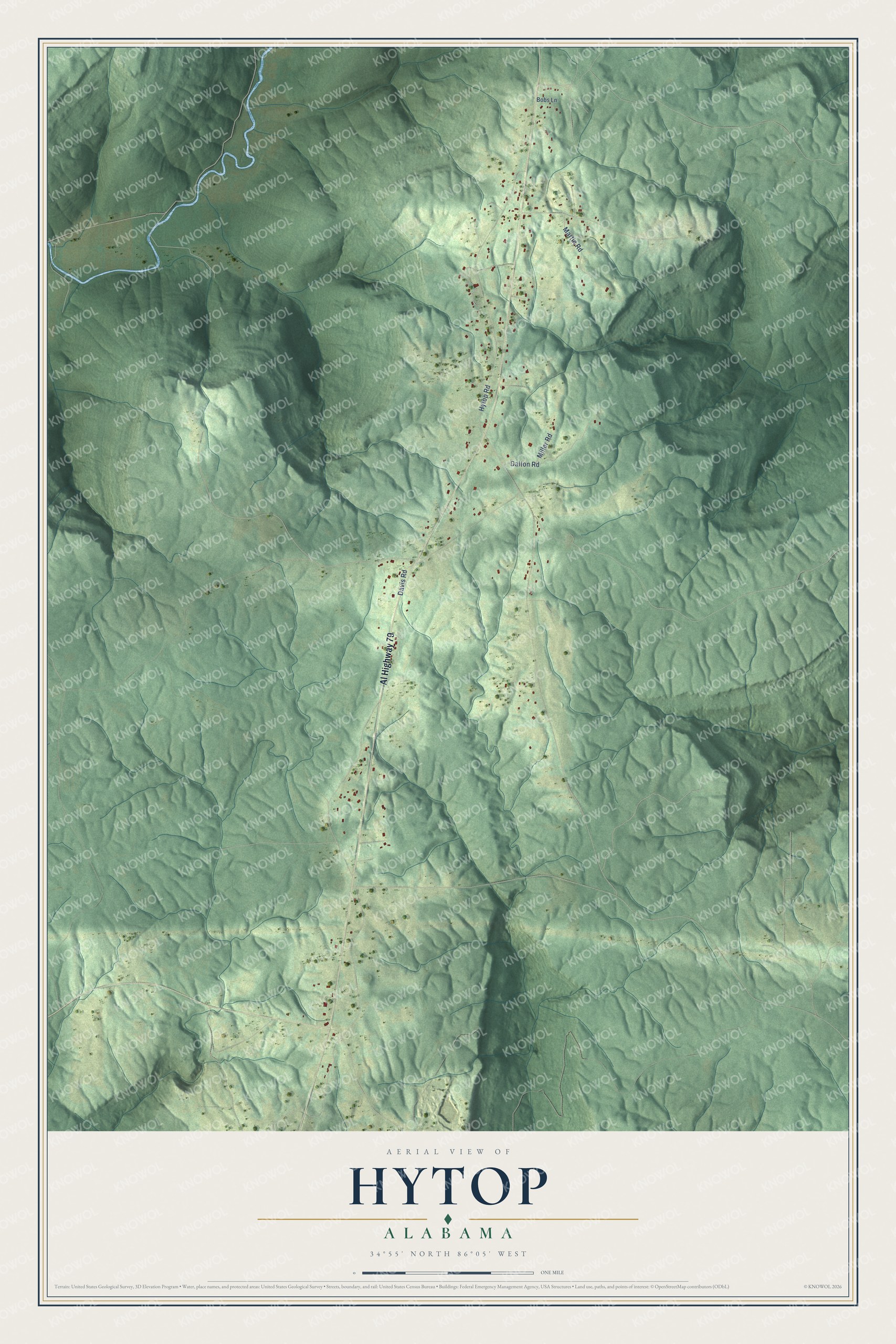 Full map of Hytop, Alabama, with red buildings, printed street names and the land around them