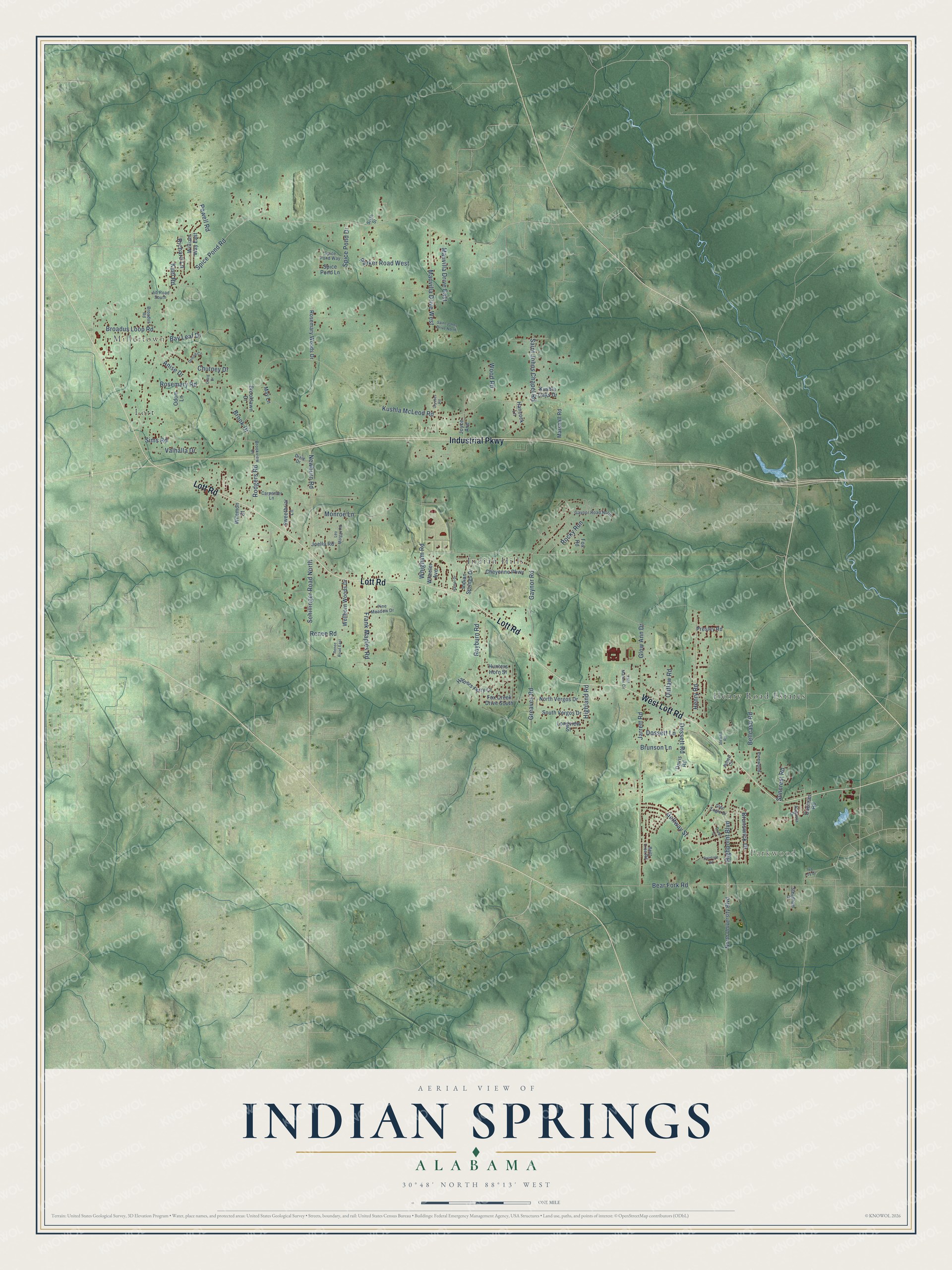 Full map of Indian Springs, Alabama, with red buildings, printed street names and the land around them