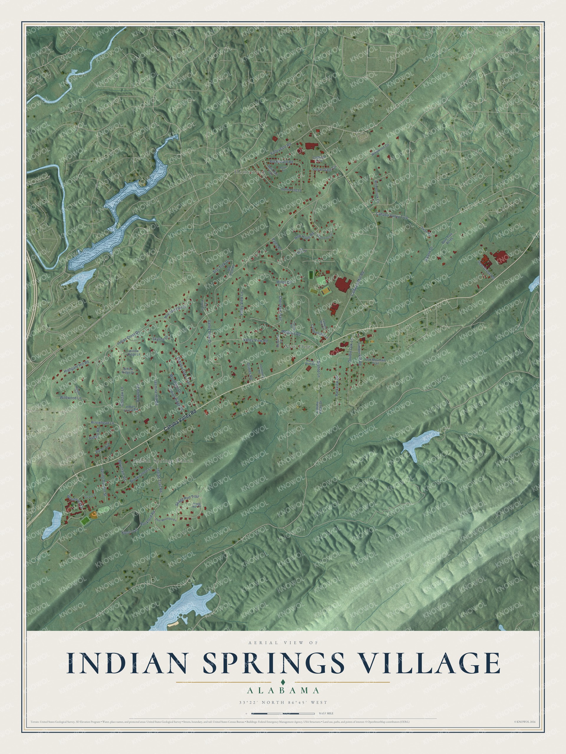 Full map of Indian Springs Village, Alabama, with red buildings, printed street names and the land around them