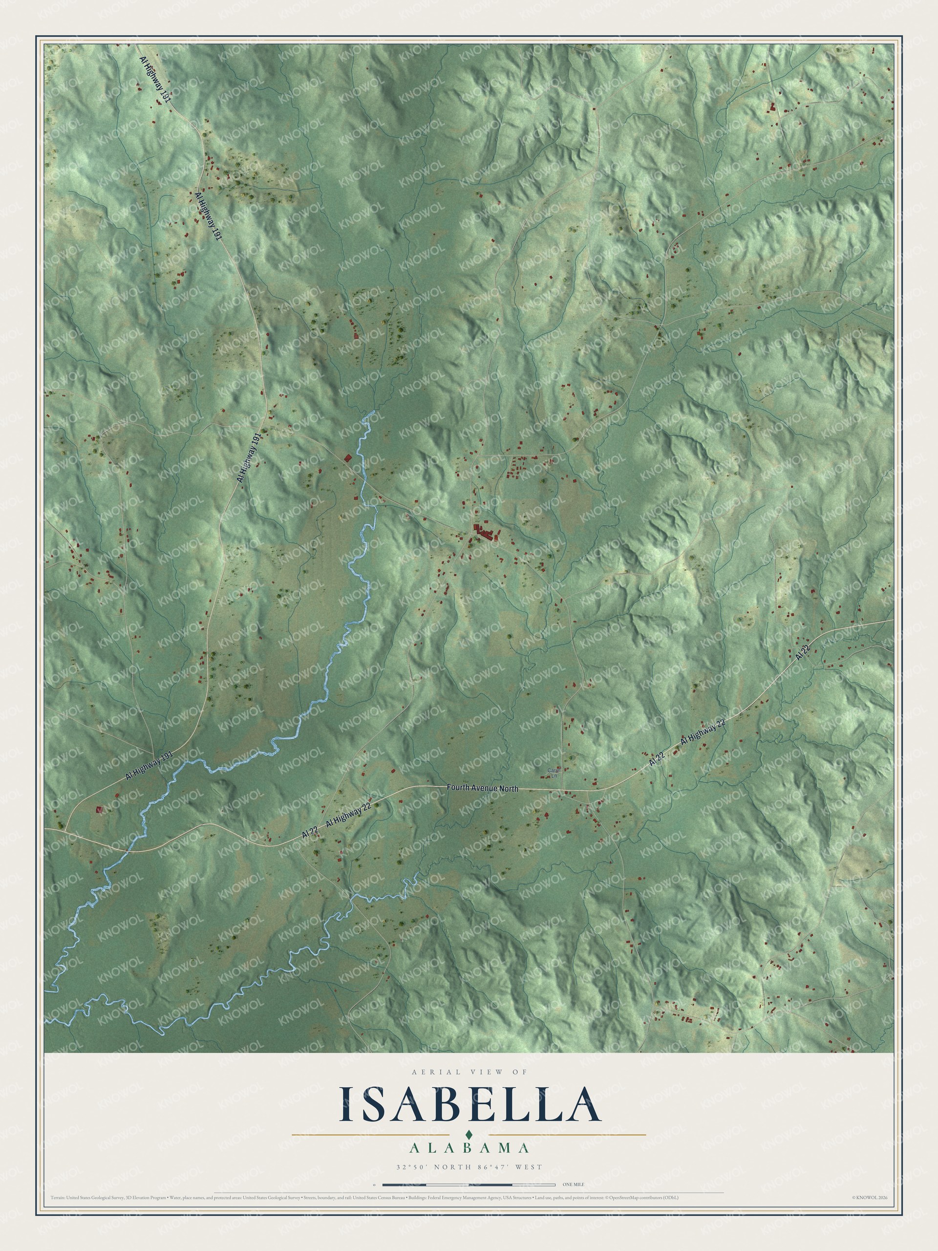 Full map of Isabella, Alabama, with red buildings, printed street names and the land around them