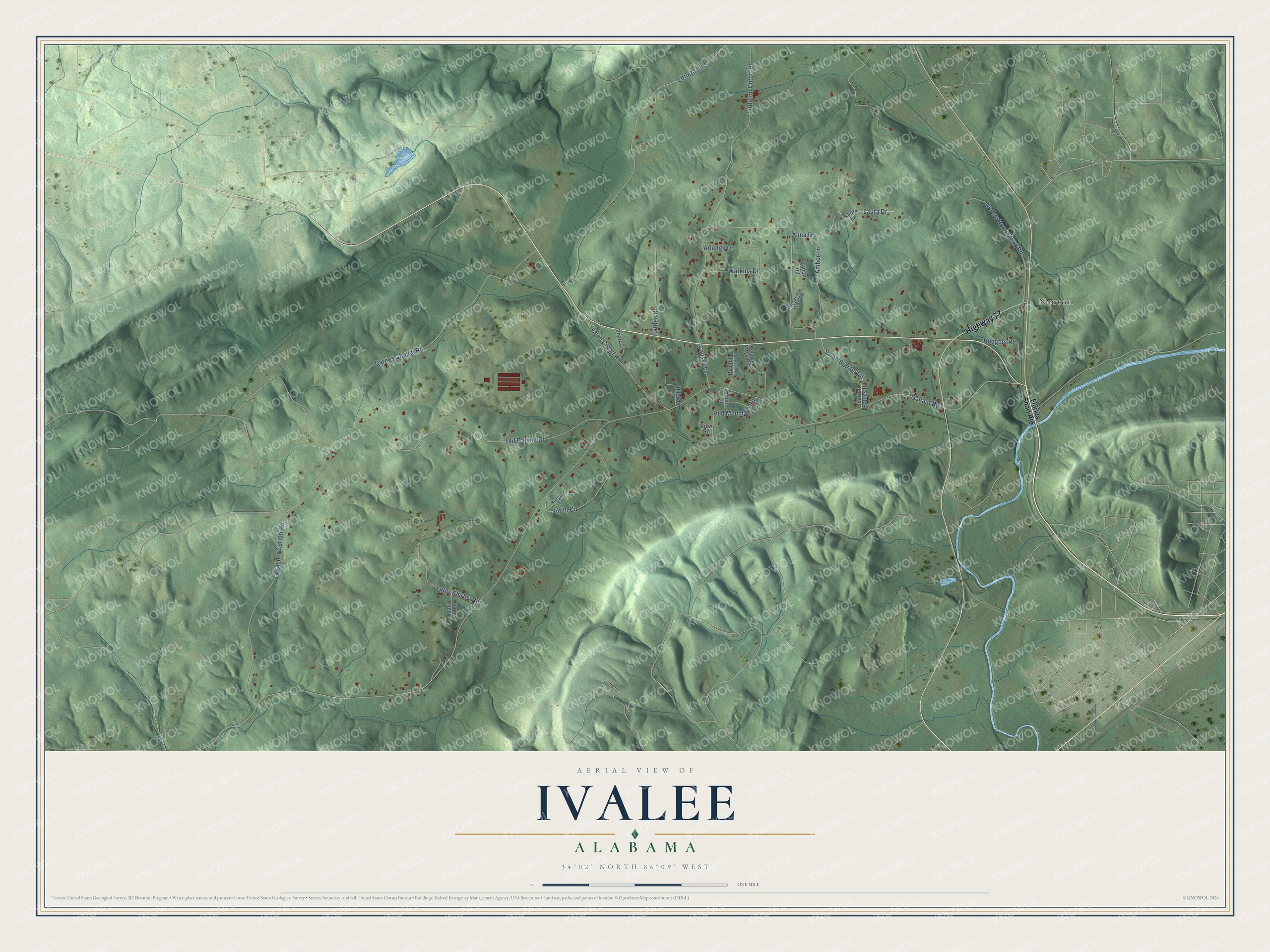 Full map of Ivalee, Alabama, with red buildings, printed street names and the land around them