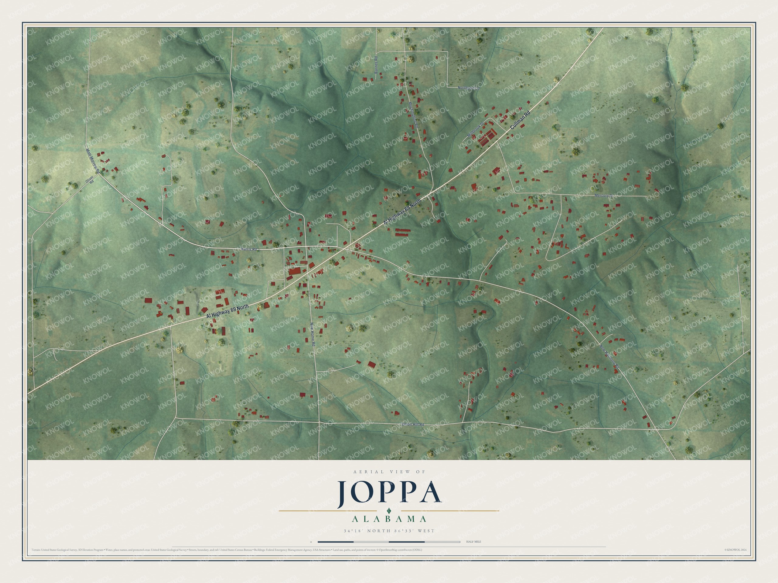Full map of Joppa, Alabama, with red buildings, printed street names and the land around them
