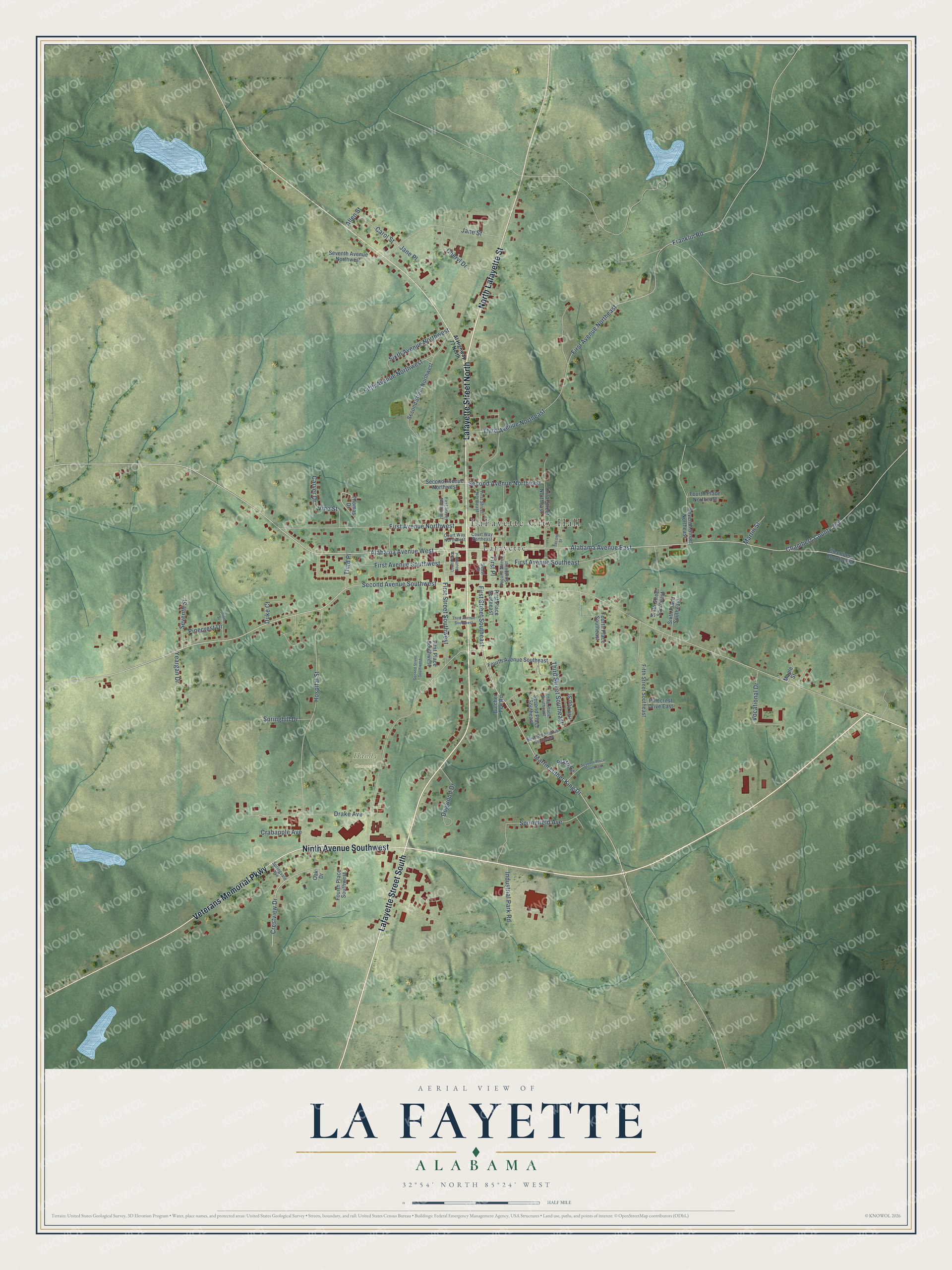 Full map of La Fayette, Alabama, with red buildings, printed street names and the land around them