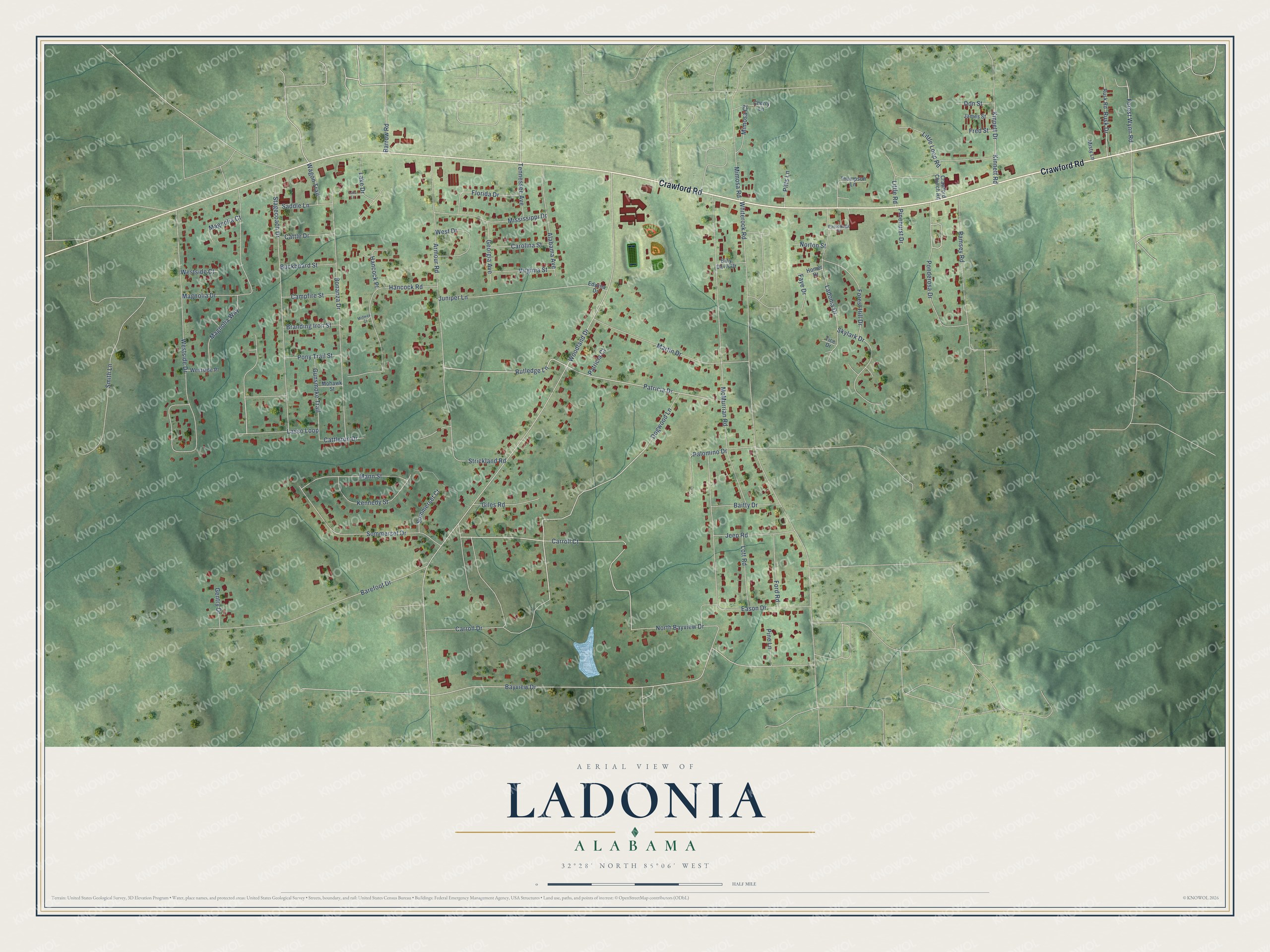 Full map of Ladonia, Alabama, with red buildings, printed street names and the land around them