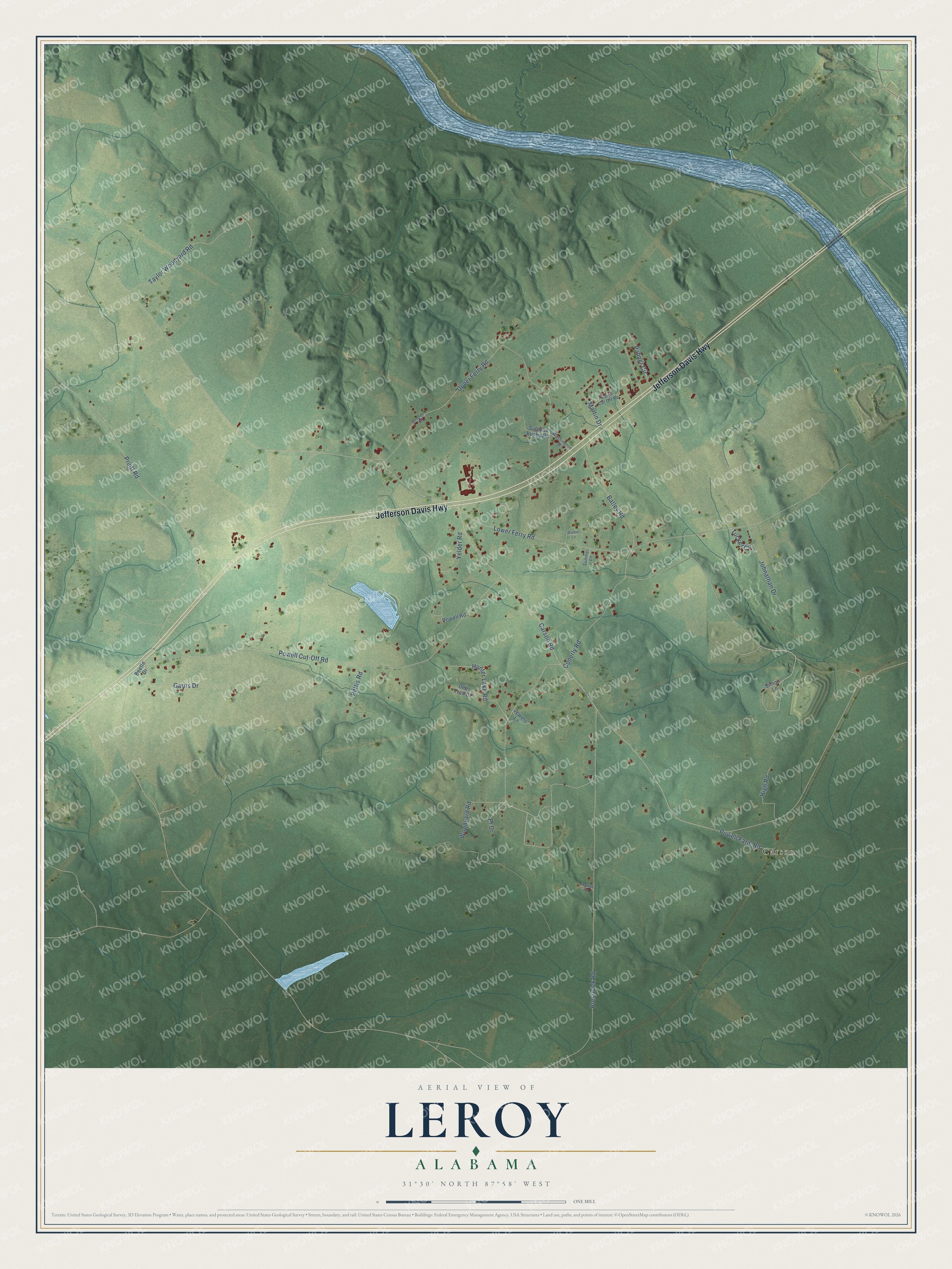 Full map of Leroy, Alabama, with red buildings, printed street names and the land around them