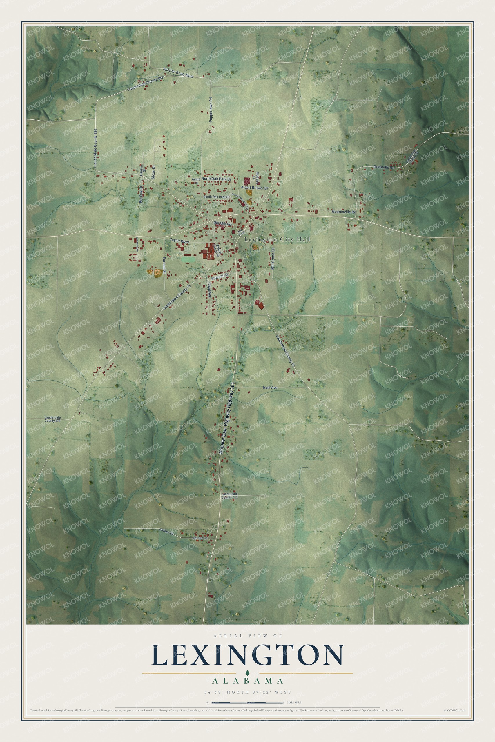 Full map of Lexington, Alabama, with red buildings, printed street names and the land around them