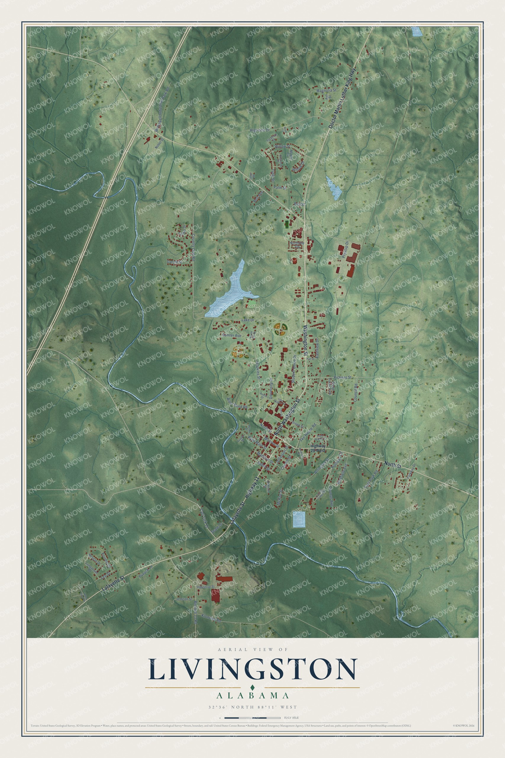 Full map of Livingston, Alabama, with red buildings, printed street names and the land around them