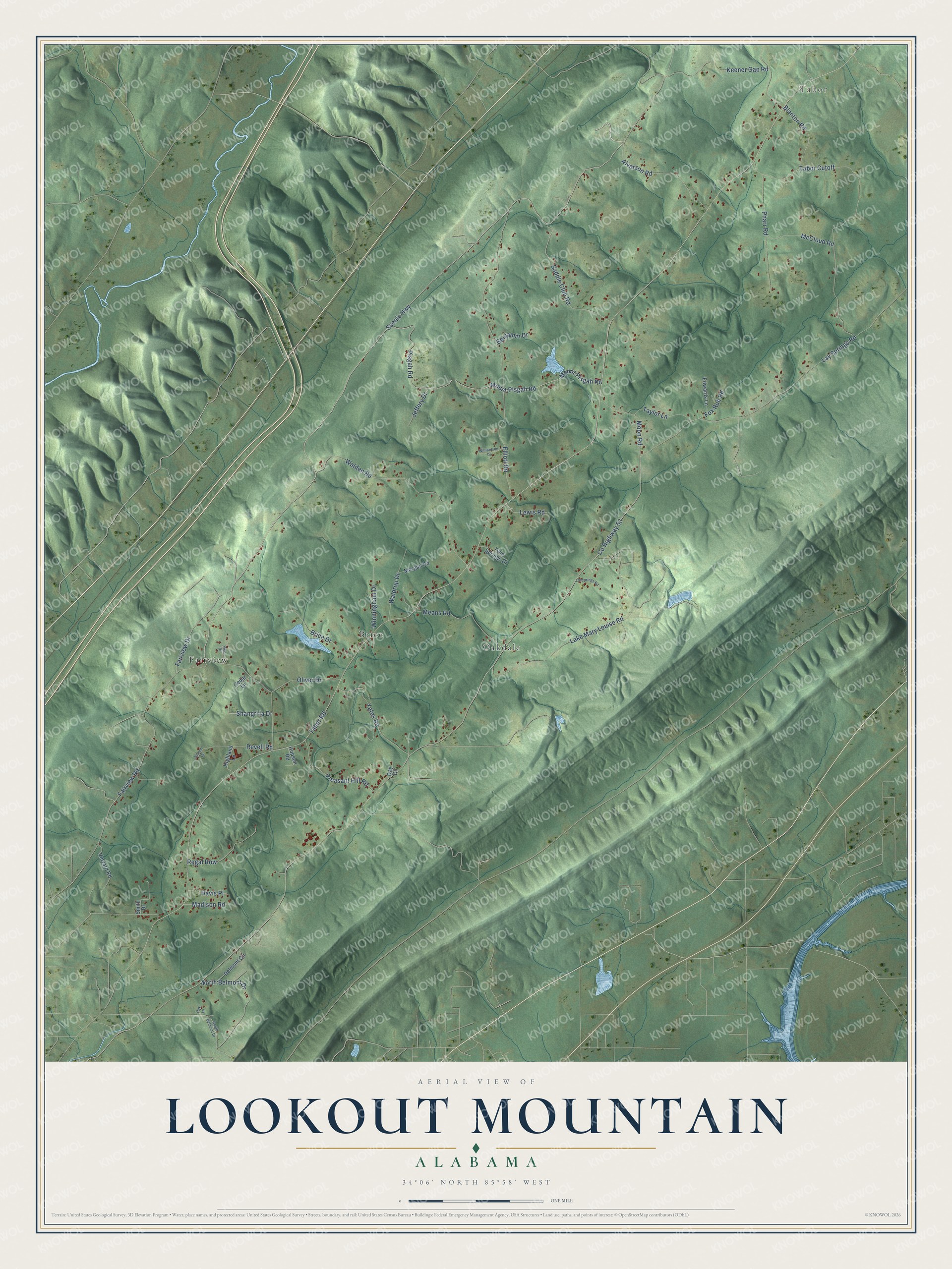 Full map of Lookout Mountain, Alabama, with red buildings, printed street names and the land around them