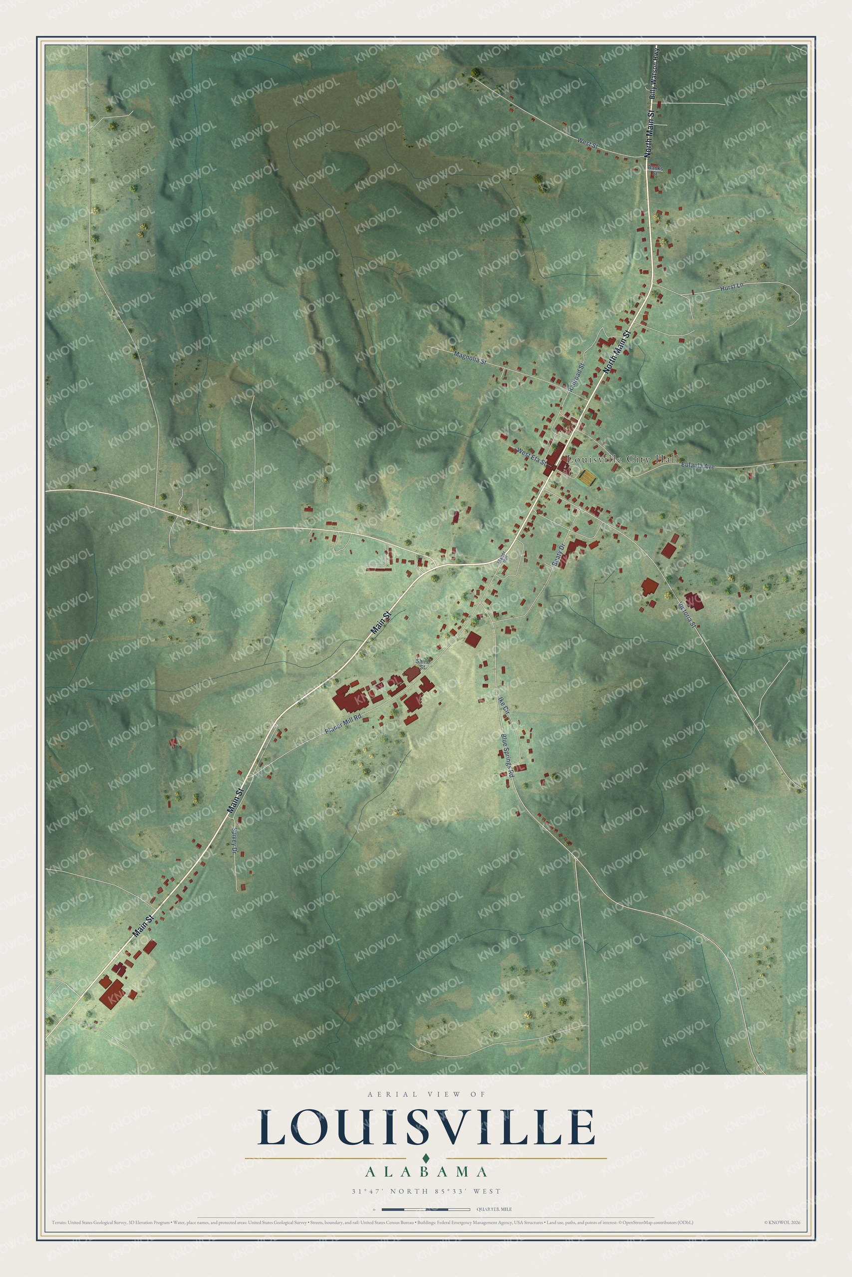Full map of Louisville, Alabama, with red buildings, printed street names and the land around them