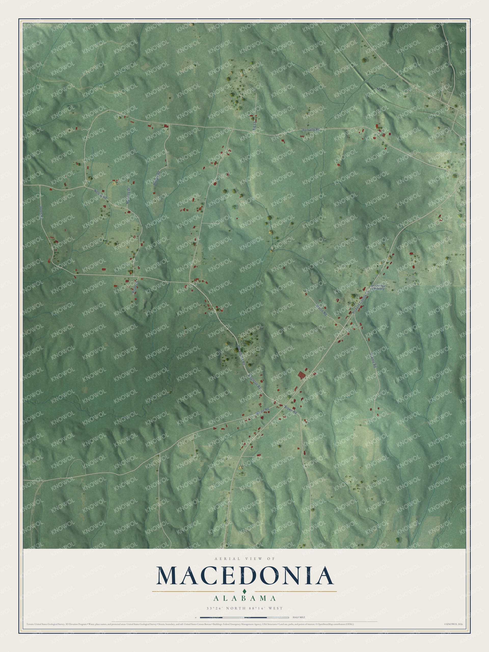 Full map of Macedonia, Alabama, with red buildings, printed street names and the land around them