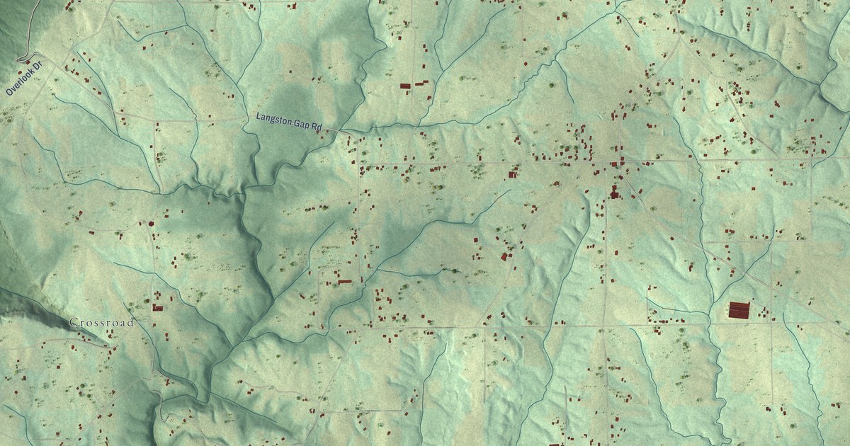 Close-up of streets and buildings in Macedonia, Jackson County, Alabama