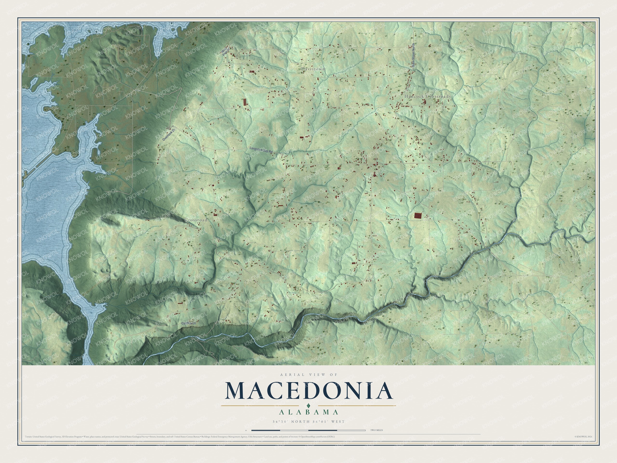 Full map of Macedonia, Alabama, with red buildings, printed street names and the land around them