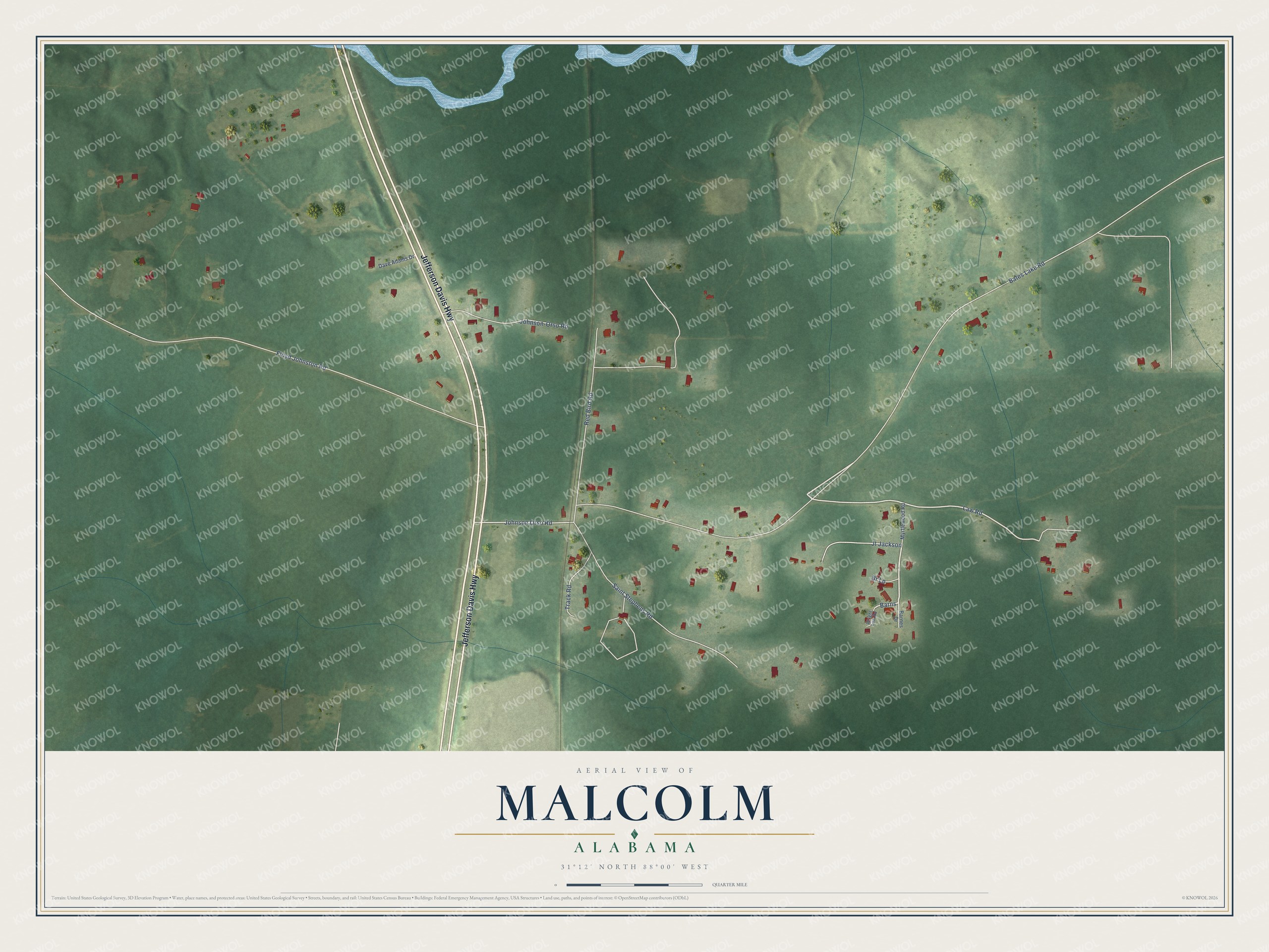Full map of Malcolm, Alabama, with red buildings, printed street names and the land around them