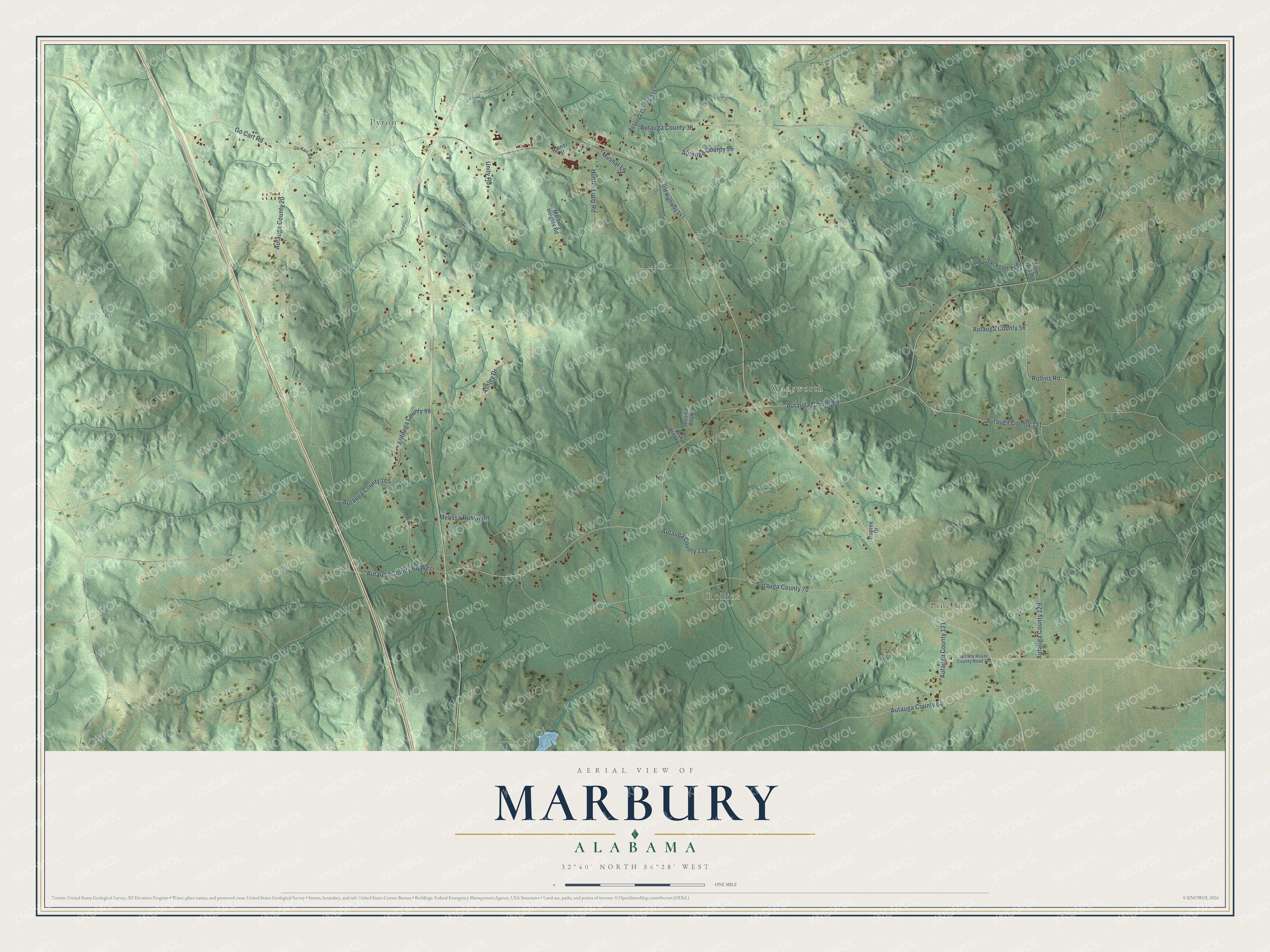 Full map of Marbury, Alabama, with red buildings, printed street names and the land around them