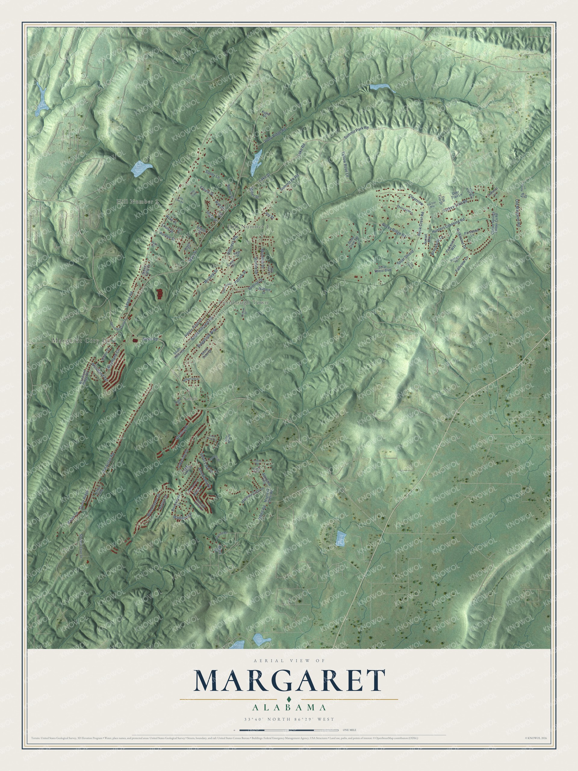 Full map of Margaret, Alabama, with red buildings, printed street names and the land around them