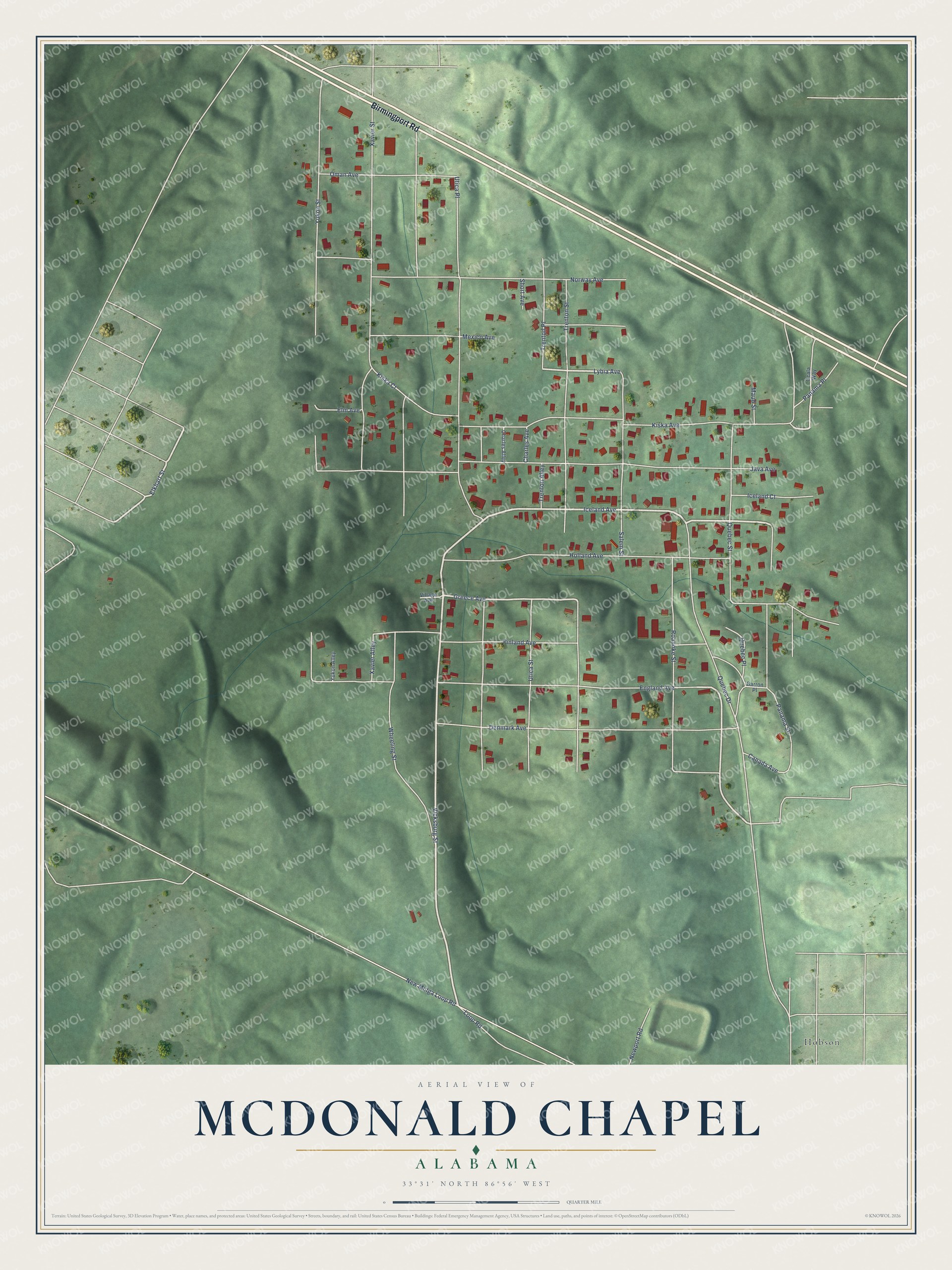 Full map of McDonald Chapel, Alabama, with red buildings, printed street names and the land around them