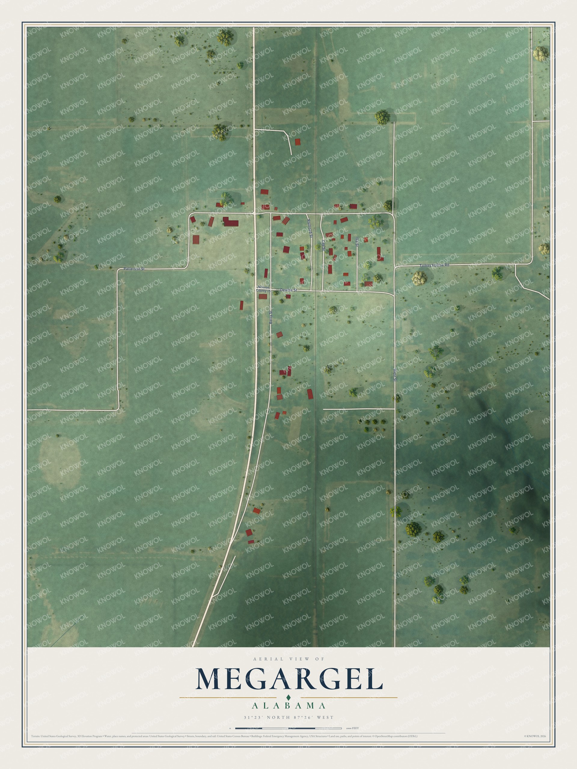 Full map of Megargel, Alabama, with red buildings, printed street names and the land around them