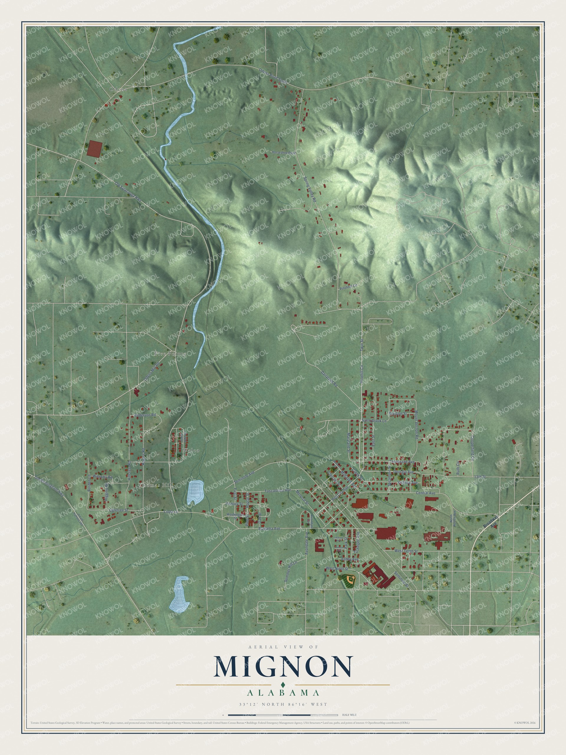 Full map of Mignon, Alabama, with red buildings, printed street names and the land around them
