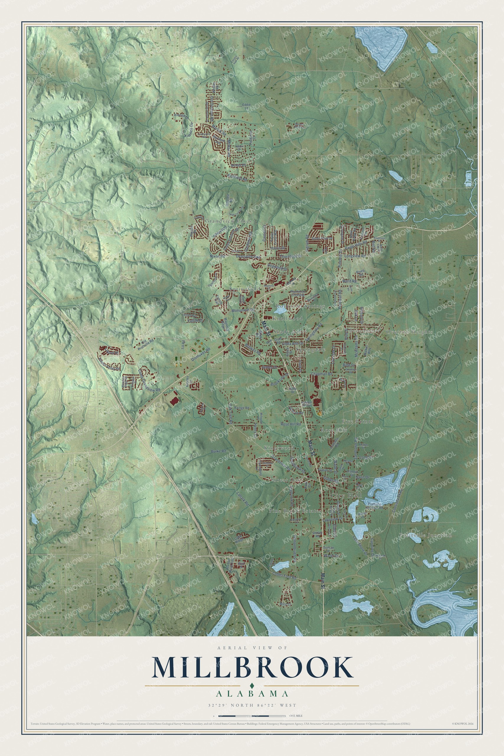 Full map of Millbrook, Alabama, with red buildings, printed street names and the land around them