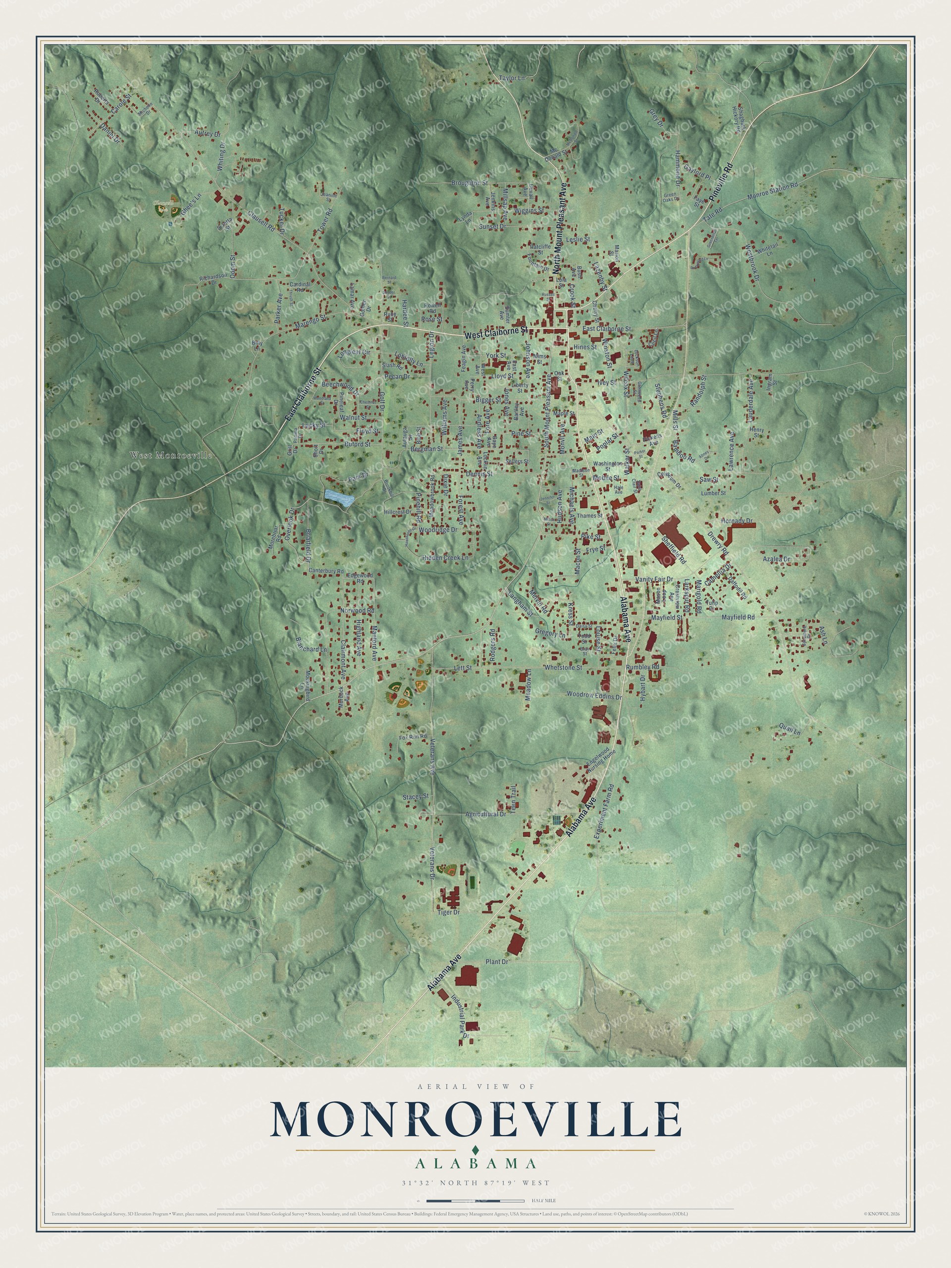 Full map of Monroeville, Alabama, with red buildings, printed street names and the land around them