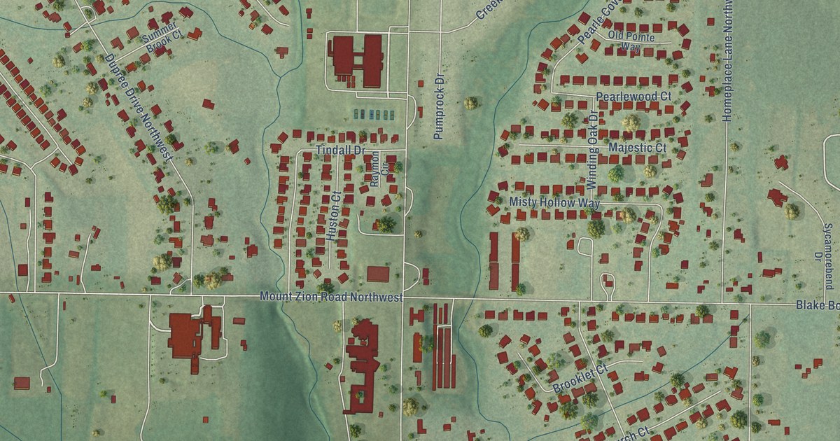 Close-up of streets and buildings in Monrovia, Alabama